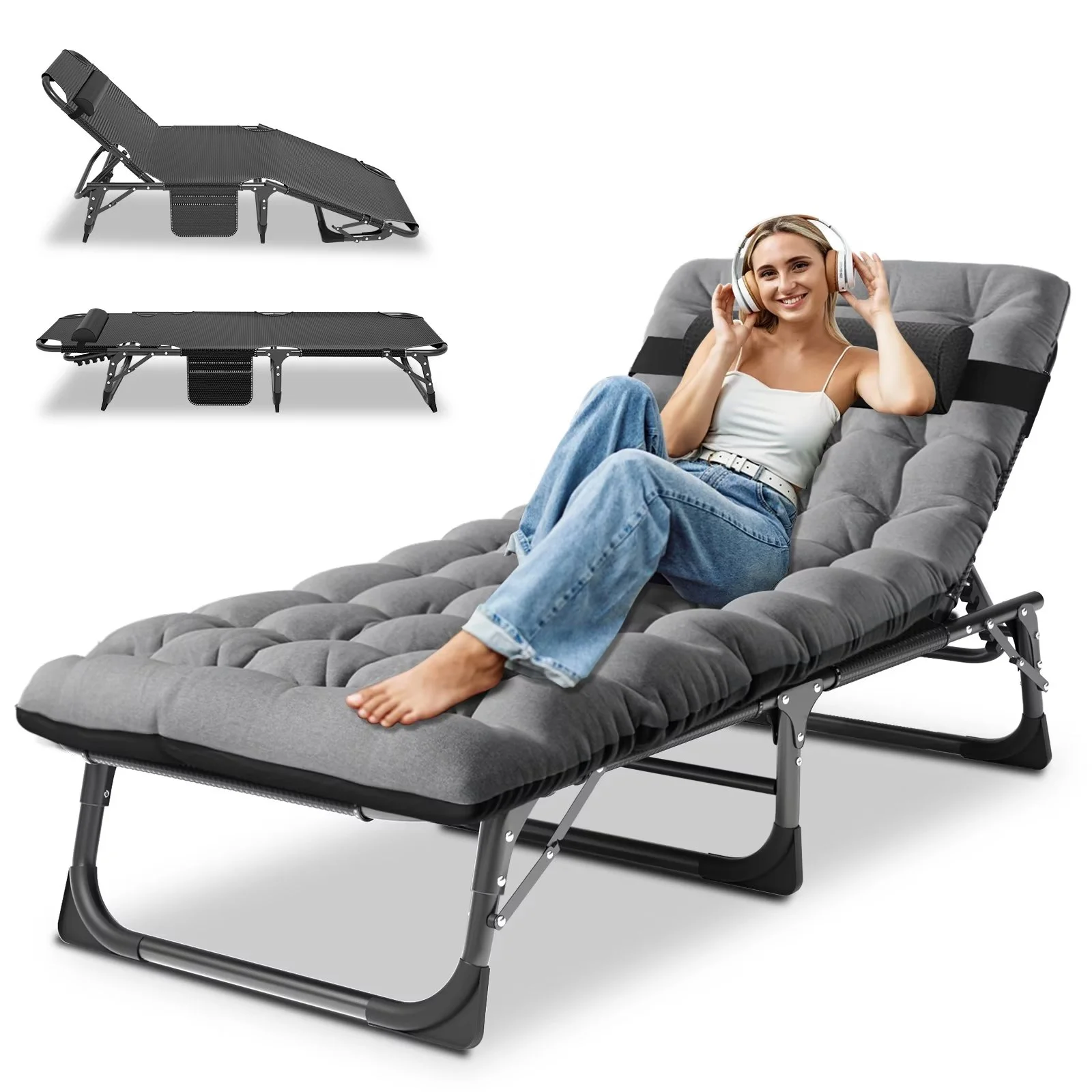 MOPHOTO Portable Folding Lounge Chair Outdoor, Adjustable 4-Position Adults Reclining Folding Chaise with Pillow, Sleeping Cots, Folding Camping Cot,Patio Lounge Chairs with Cushion