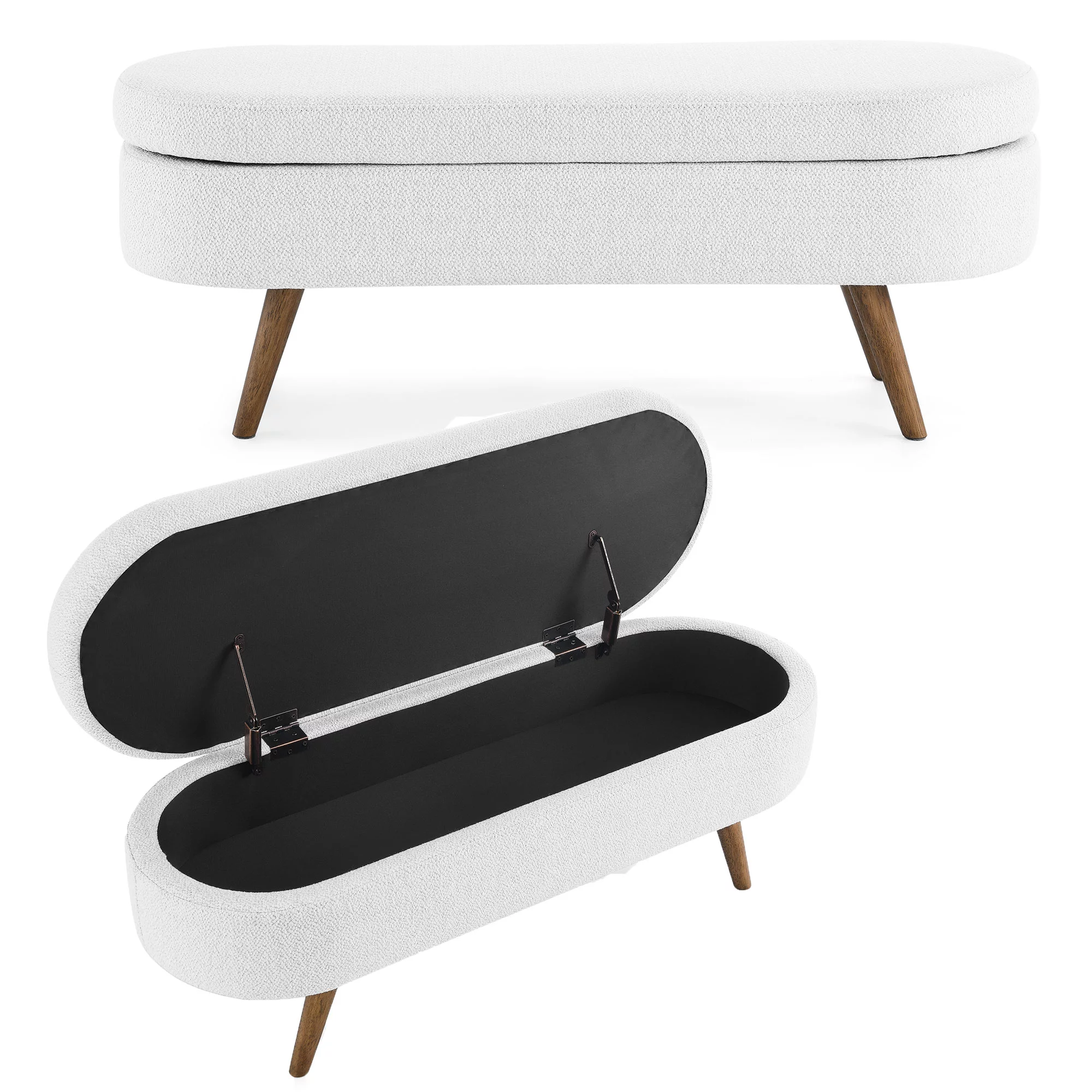 Minimalist Leisure Linen Fabric Oval Storage Bench with Rubber Wood Legs, White