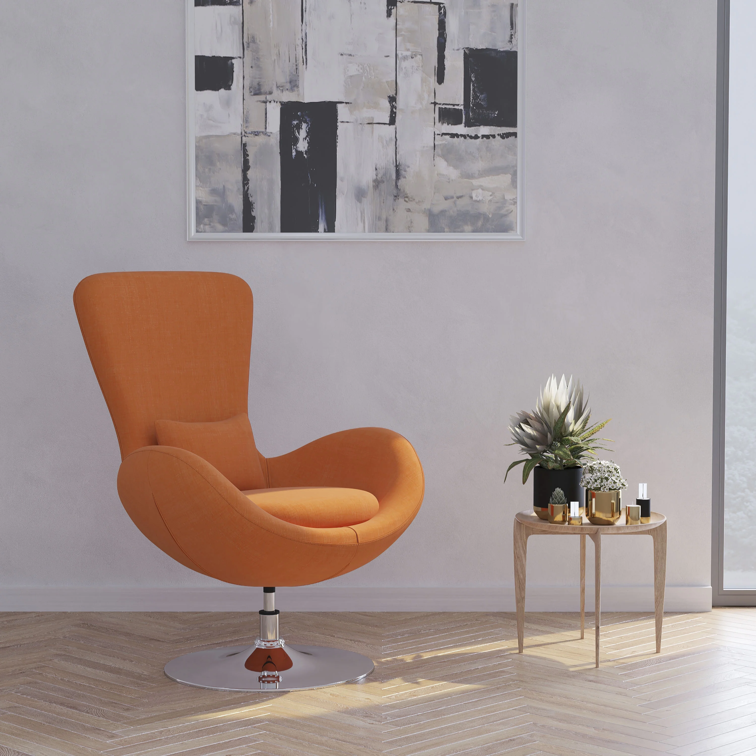 Merrick Lane High Back Egg Style Lounge Chair in Orange Fabric Upholstery With 360° Swivel Chrome Base