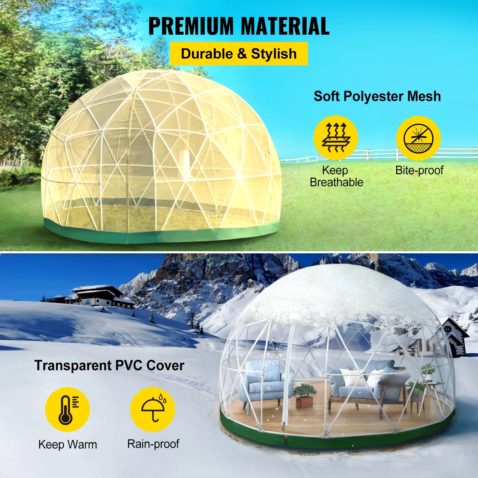 VEVORbrand Dome Igloo Bubble Tent with PVC Cover and Mesh Cover - Geodesic Dome 9.5ft - Lean to Greenhouse with Door and Windows for Sunbubble, Backyard, Outdoor Winter & Summer, Party