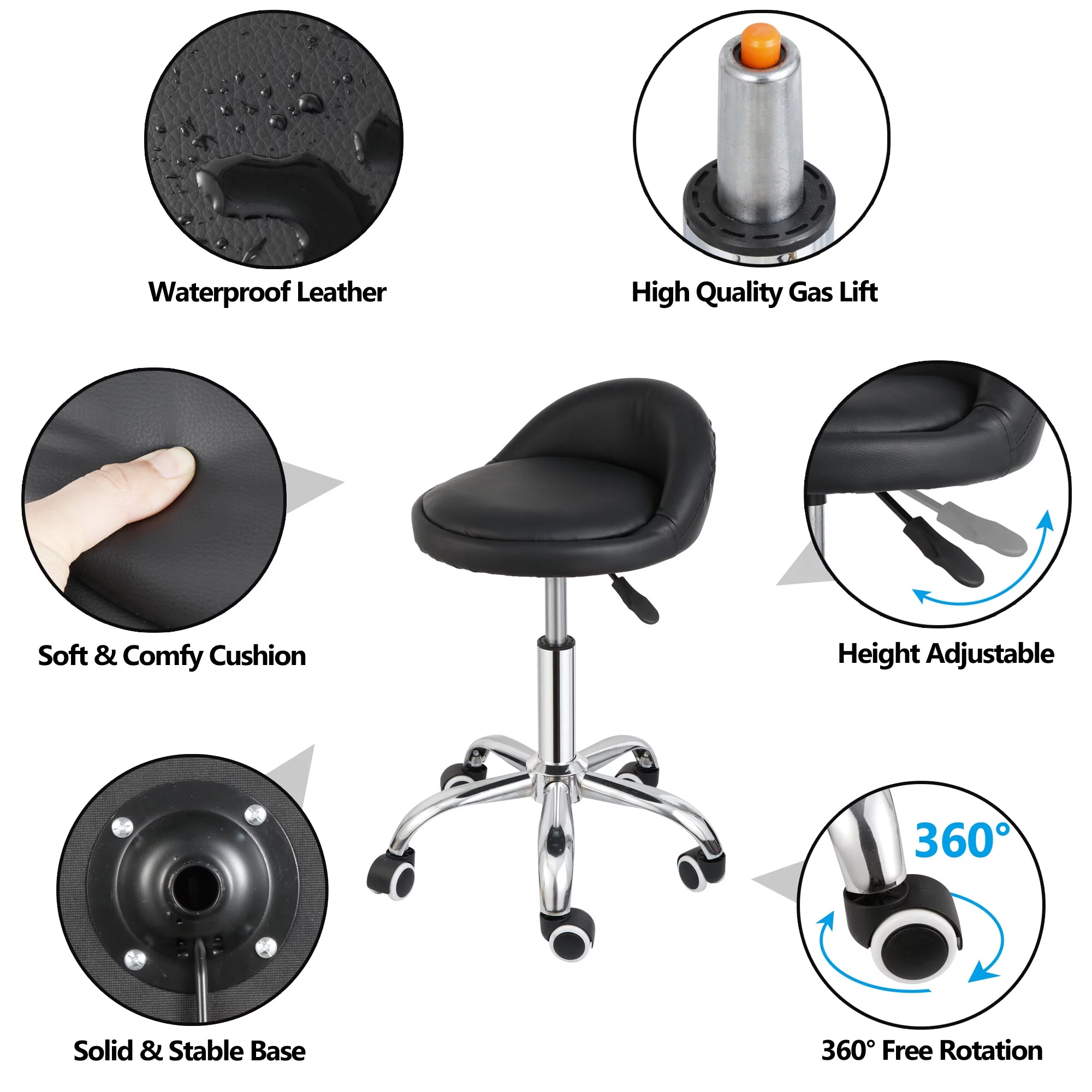 HomGarden 330lbs Swivel Rolling Stool on Wheels PU Leather Salon Stool for Facial Spa Tattoo Black