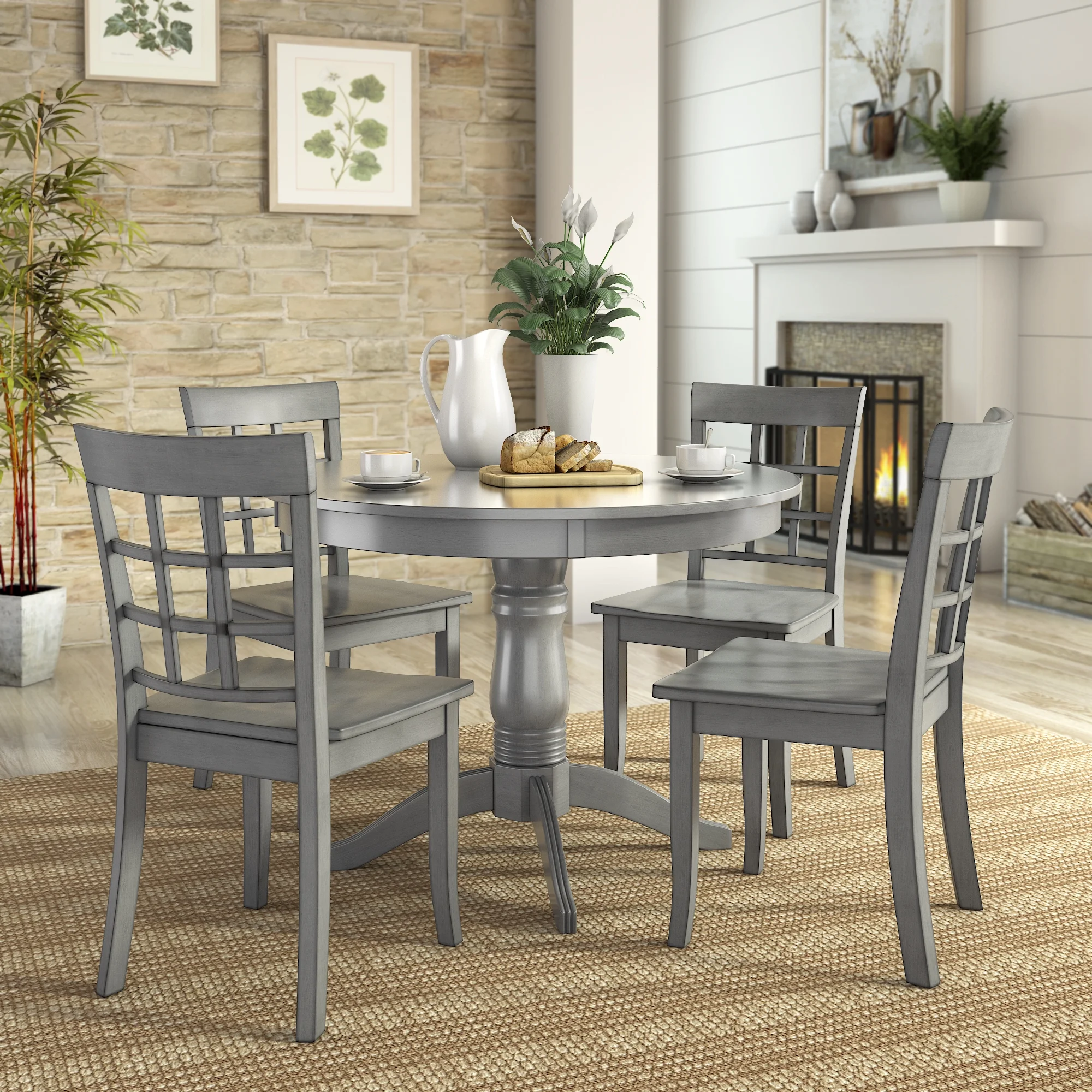 Lexington 5-Piece Wood Dining Set, Round Table and 4 Window Back Chairs, Antique Gray