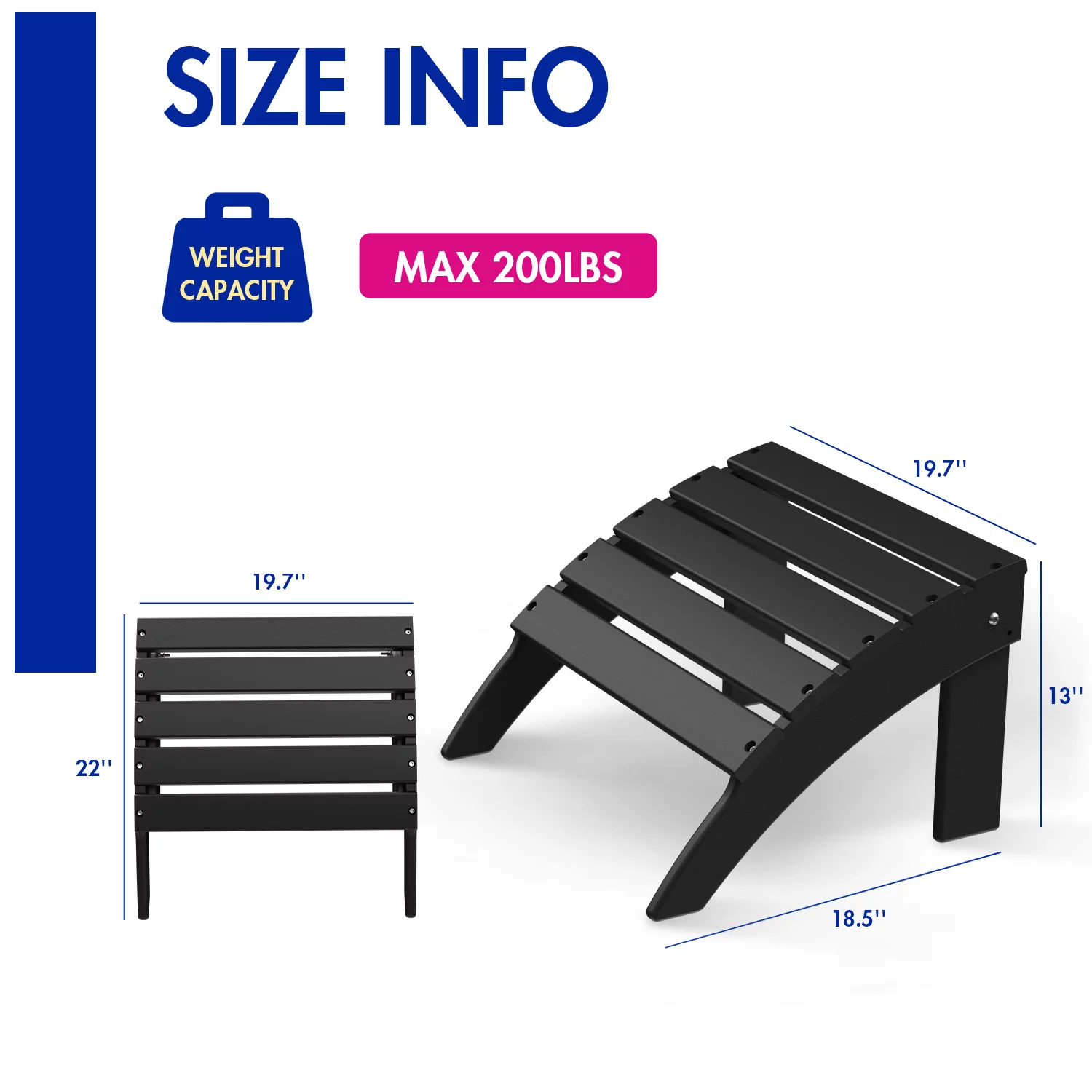 Folding Adirondack Ottoman HDPE Outdoor Adirondack Chair Footrest for Outside Indoor,19.7in W,Black