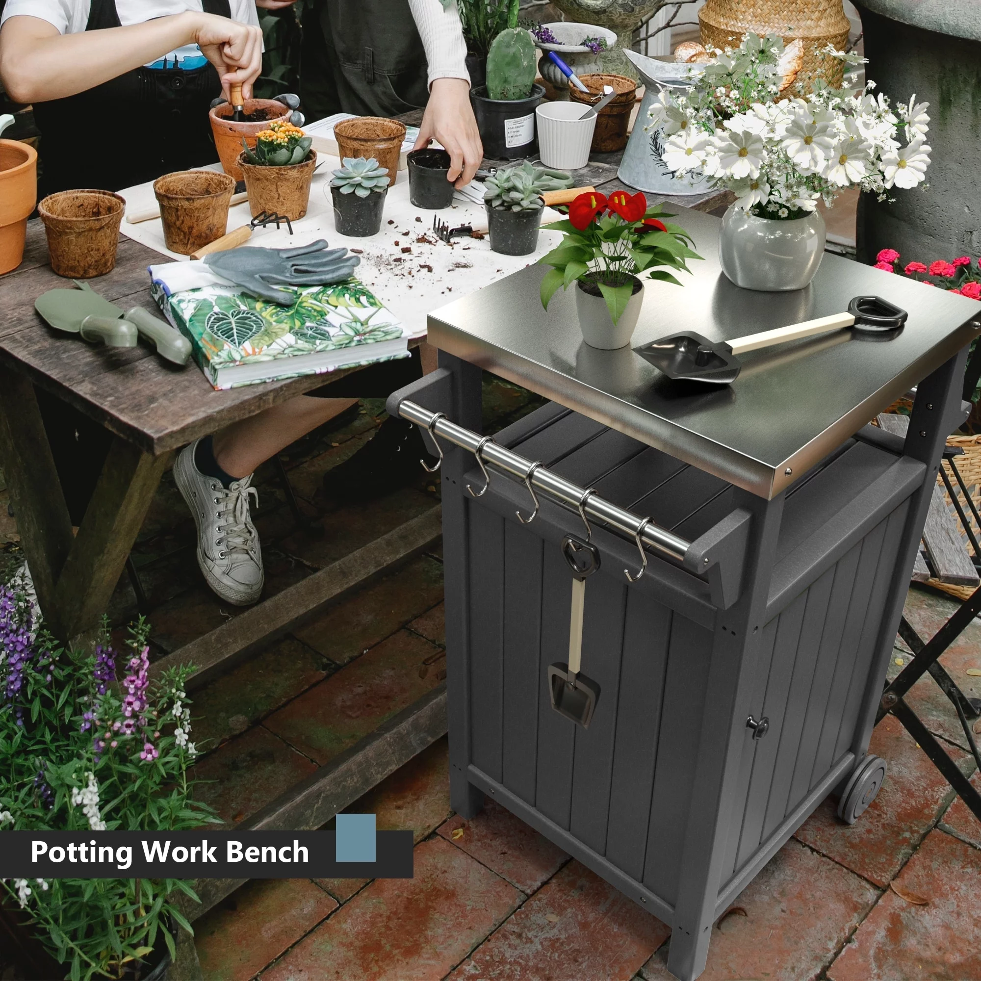 Barbecue/Grill Side Table Trolley, Outdoor Prep Dining Table Serving Cart with 304 Stainless Steel Top-HDPE Grey