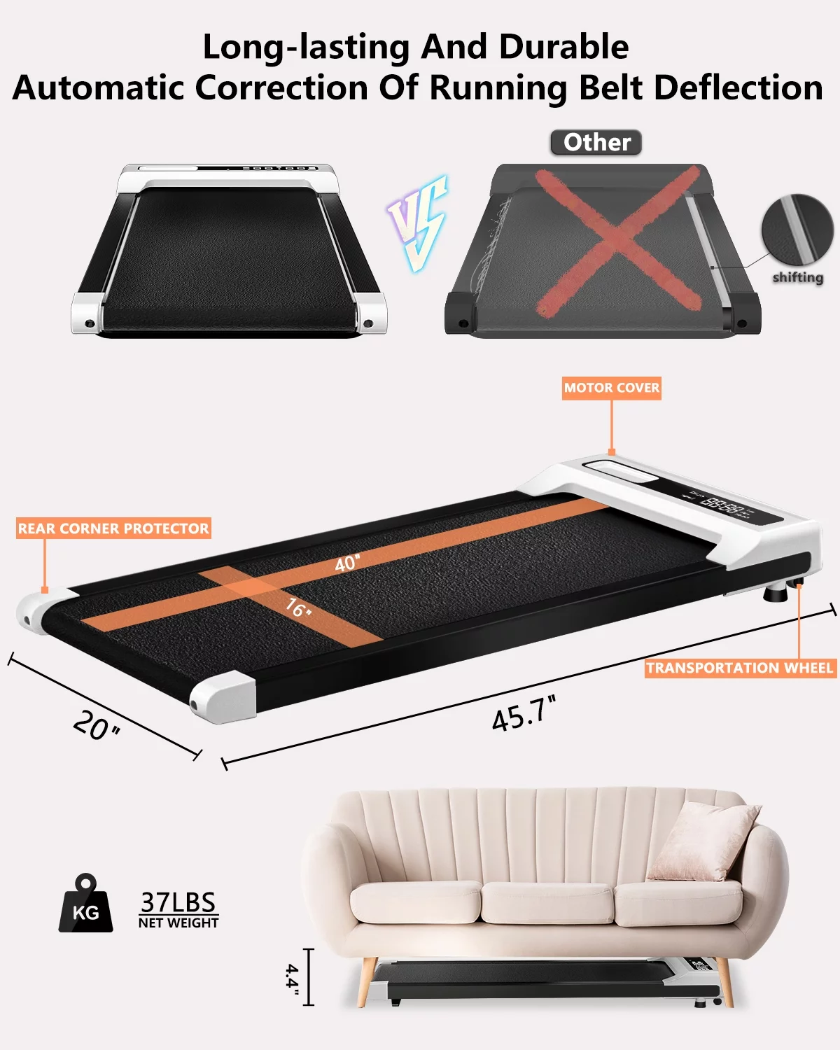 JURITS Walking Pad 2 in 1 for Walking and Jogging, Under Desk Treadmill for Home Office with Remote Control, Portable Walking Pad Treadmill Under Desk, Desk Treadmill in LED Display,White