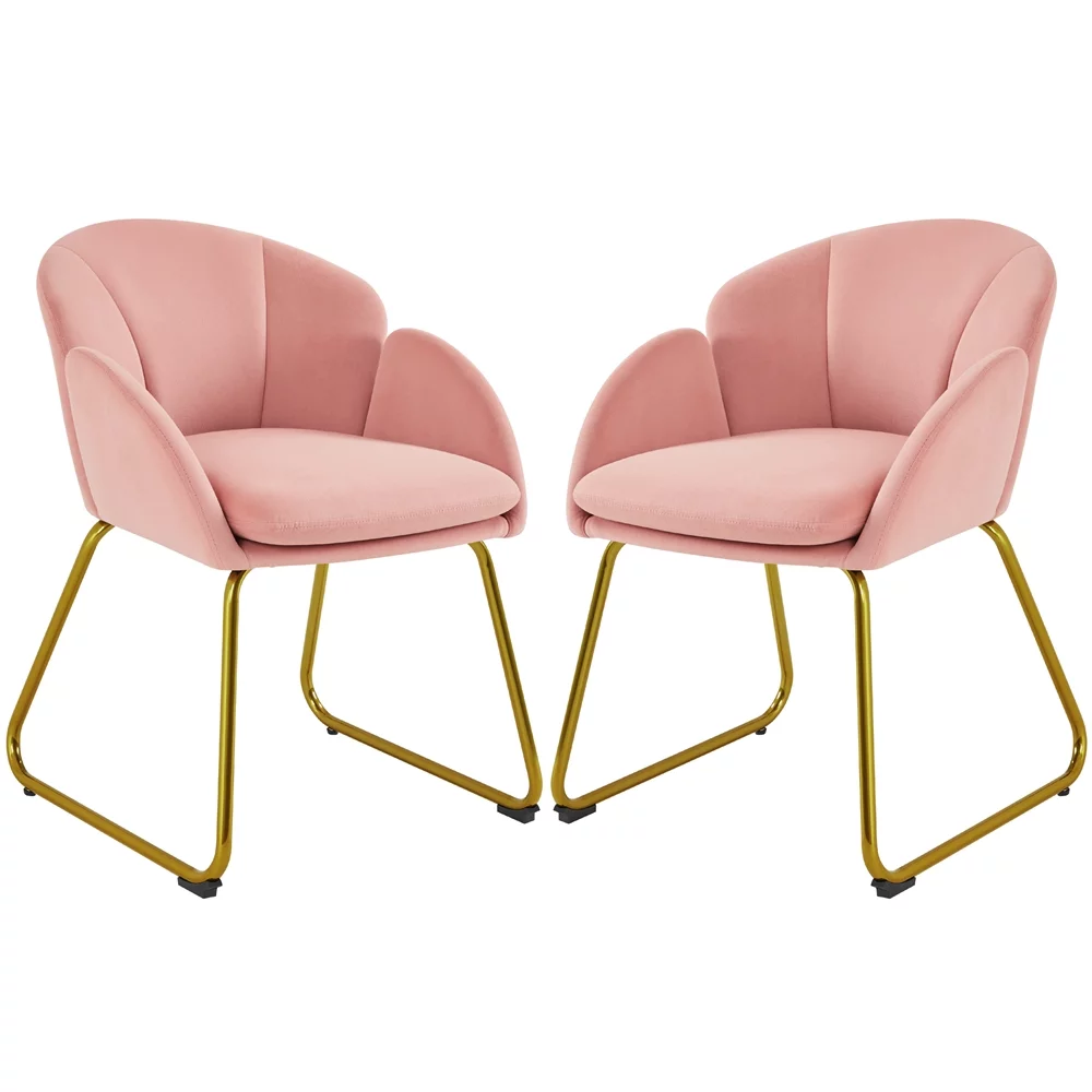 SMILE MART 2PCS Velvet Dining Chair with Golden Metal Legs for Living Room/Bedroom/Kitchen, Pink