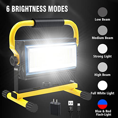 100W COB Rechargeable Work Light, 7000LM Cordless LED Work Lights, Waterproof Portable Flood Light with Stand for Outdoor Camping, Hiking, Garage, Car Repairing, Workshop Job Site Lighting