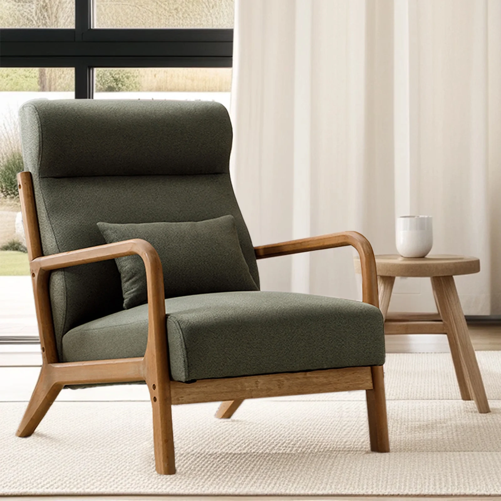 Bestier Mid-Century Modern Accent Chair with High Back, Upholstered Fabric Reading Armchair Wood Chair with Pillow and Waist Cushion, Green