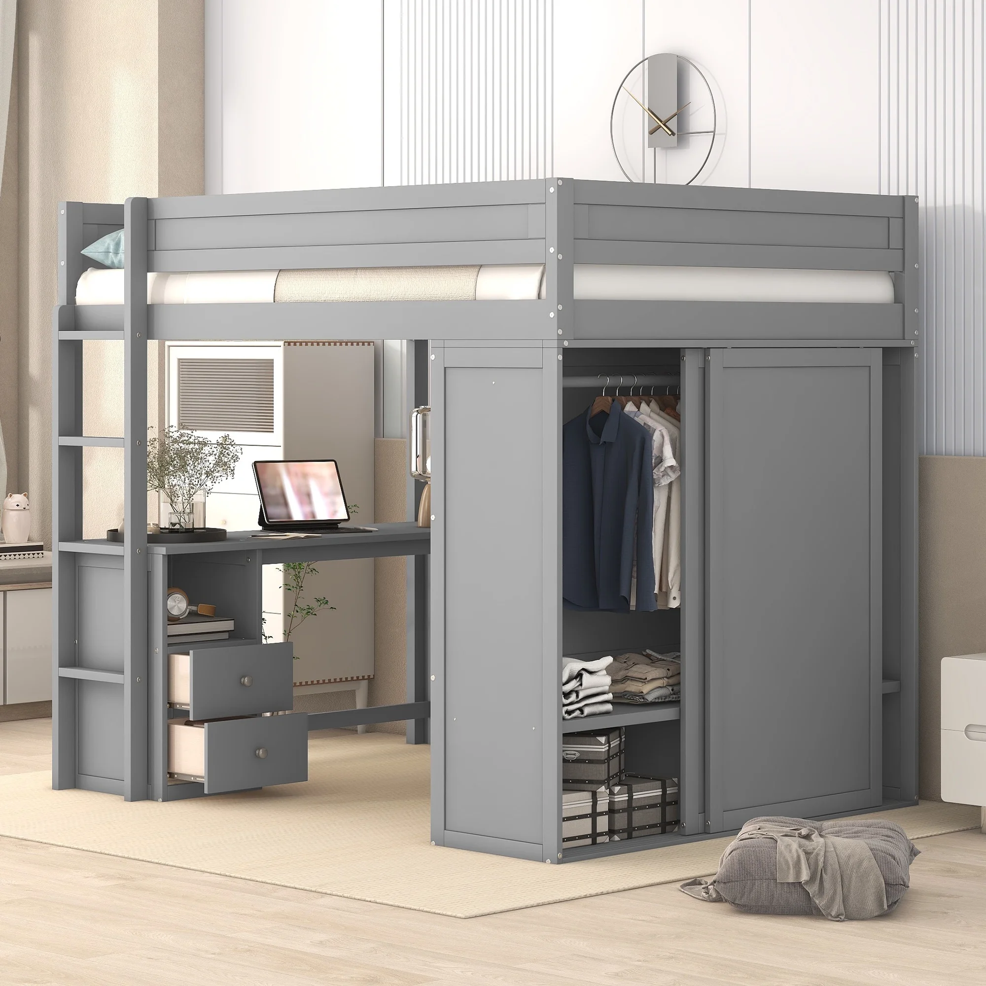 EUROCO Wood Full Size Loft Bed, Storage Desk and Drawers, Wardrobe with Clothes Hanger and Sliding Door for Living Room, Gray