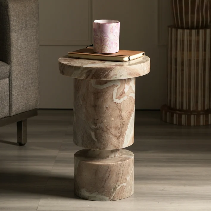 Round Beige Marble Coffee Side Table