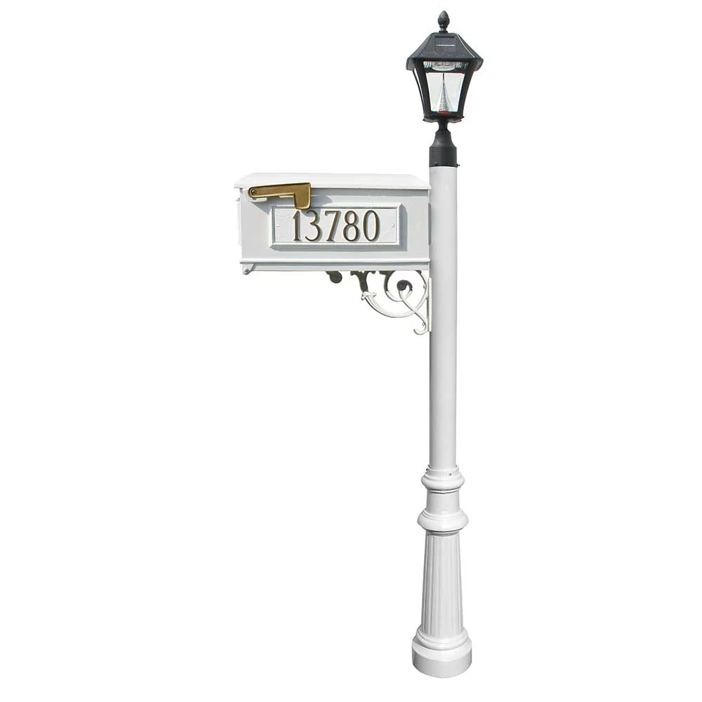 Lewiston  Mailbox Post System with Fluted Base & Bayview Solar Lamp & 3 Cast Plates - White