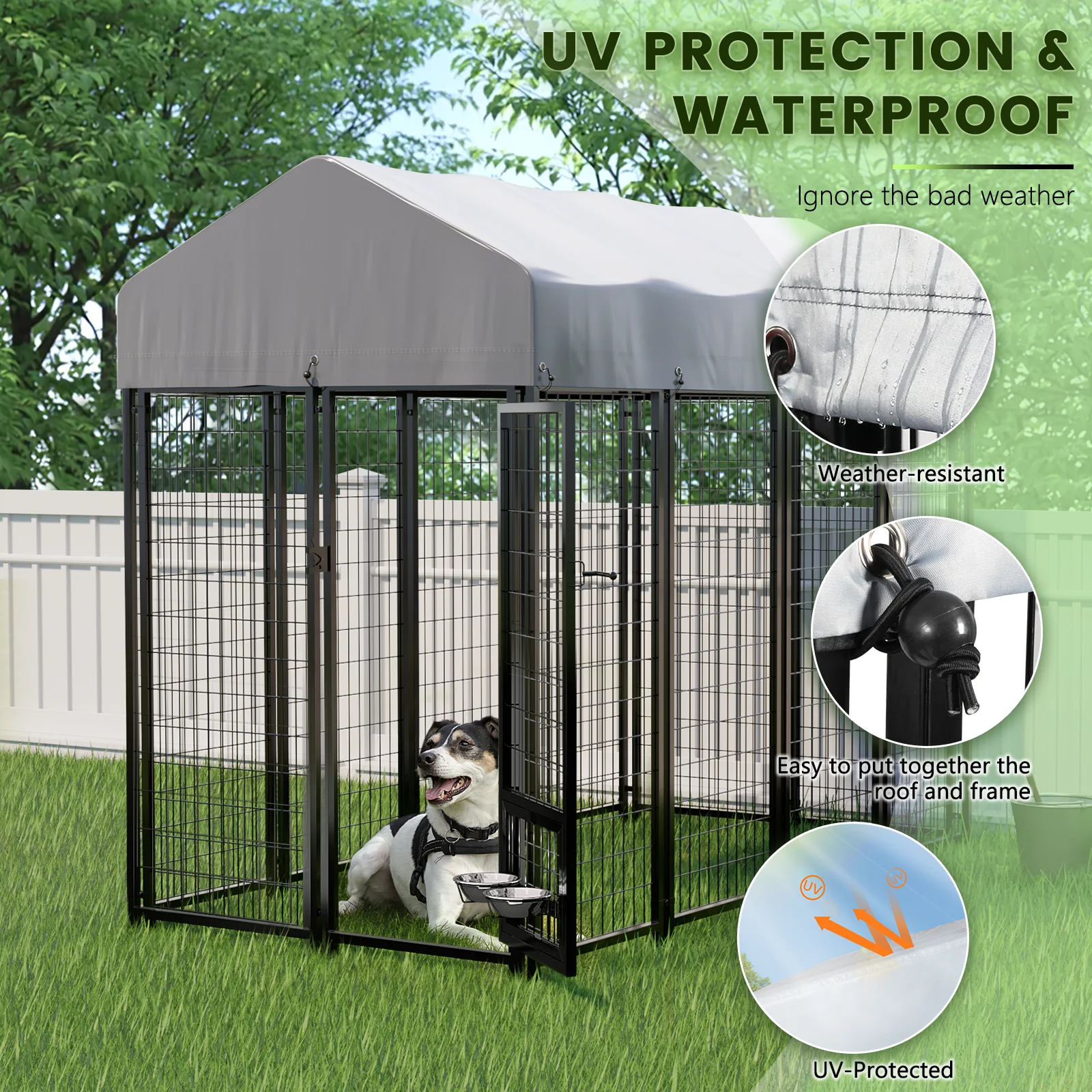Waleaf 8x4x6 FT Outdoor Dog Kennel for Large Dogs,Large Dog Kennel Outdoor with Rotating Dog Bowl, Pet Dog Run Enclosures with Waterproof UV-Resistant Cover and Secure Lock