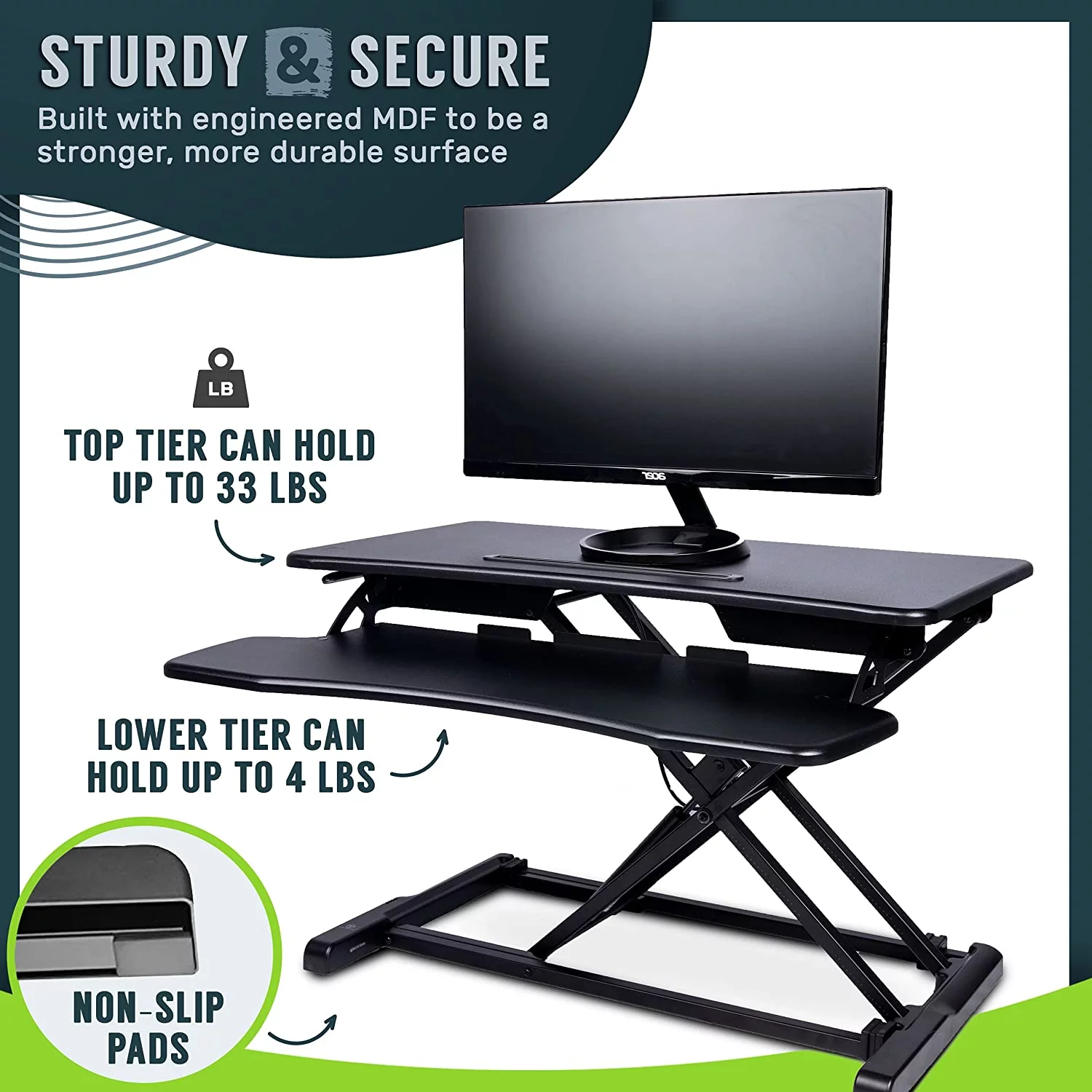 TechOrbits Standing Desk Converter, 32-inch Height Adjustable, MDF Wood, Sit-to-Stand Desk Risers for Dual Monitor Workstation, Home Office Accessories, Black