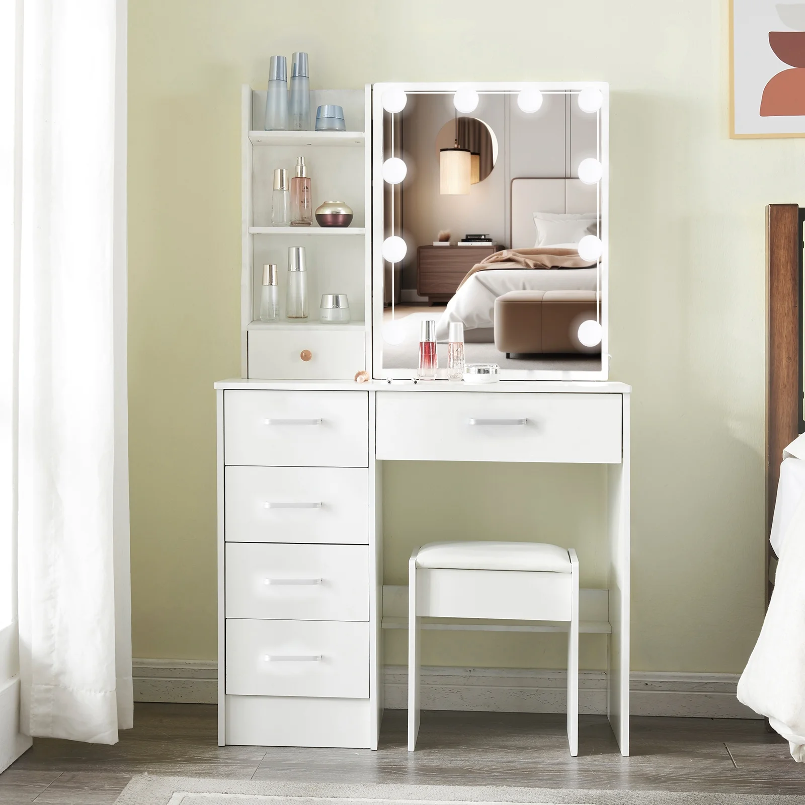 JBLCC Modern Vanity Set with Lighted Mirror, Makeup Table with Drawers, Dressing Table Makeup Desk with Stool, White