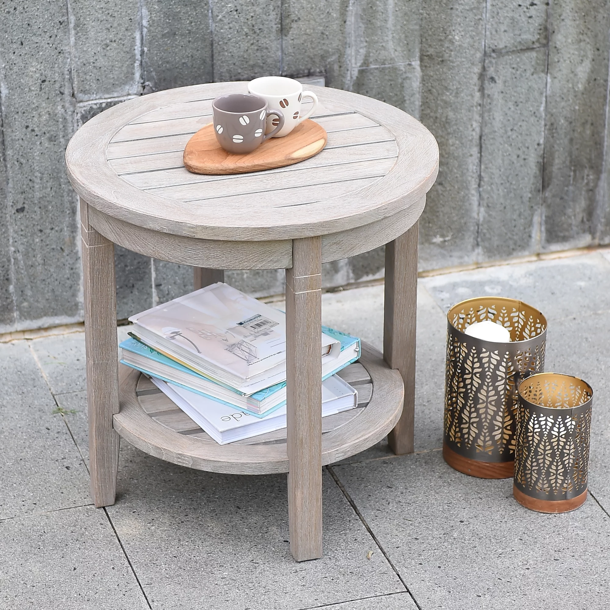 Willem Solid Teak Patio Round Side Table, Weathered Gray