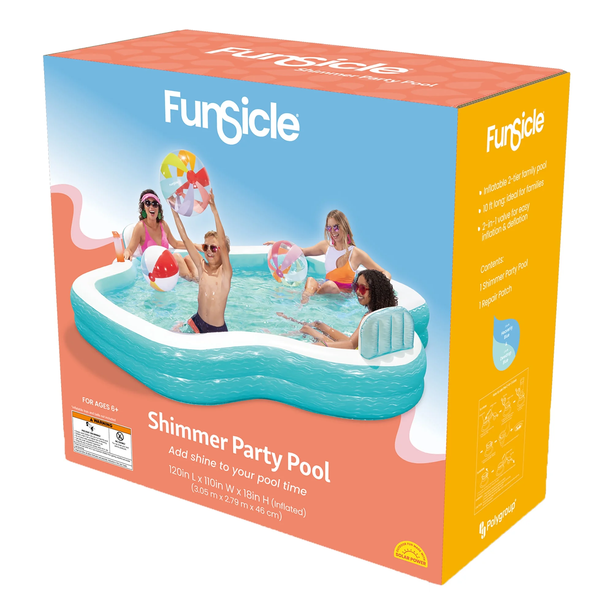 Funsicle: Shimmer Party Pool - 10ft Inflatable Lounge Pool, Teal & White, 120x110x18