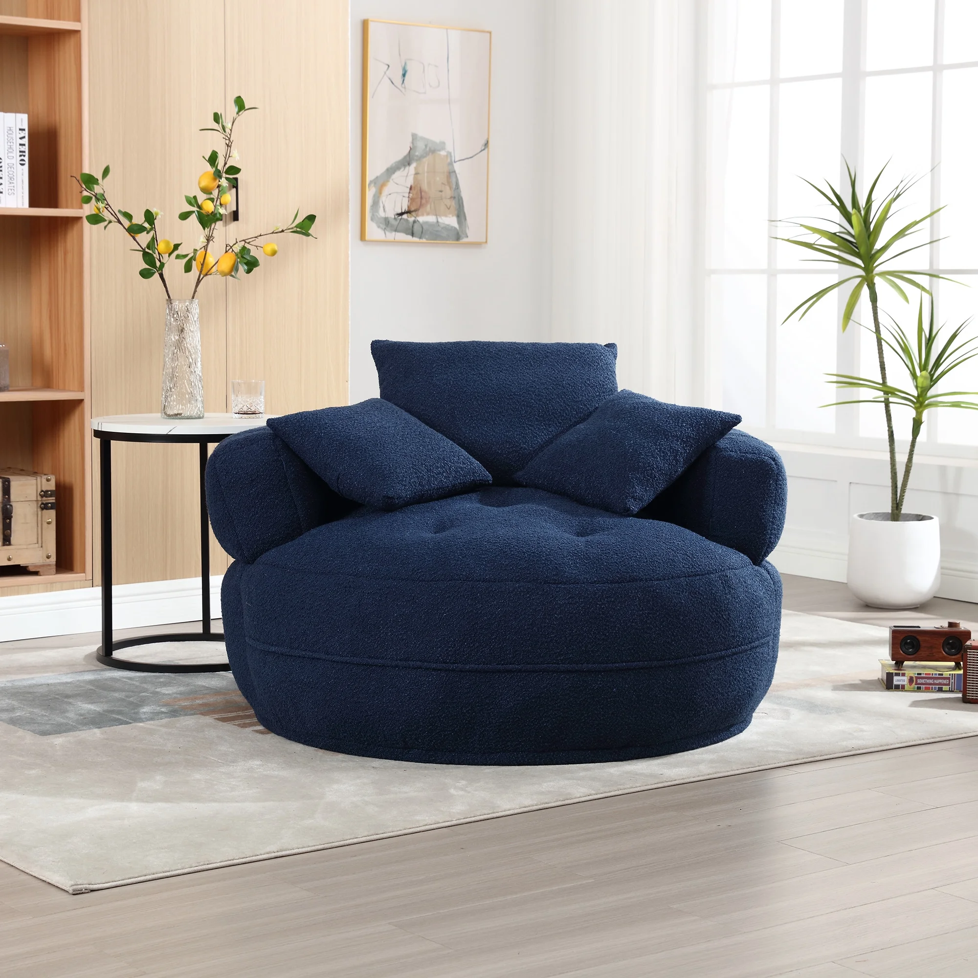 MOONMISS Accent Barrel Chair, Modern Boucle Round Accent Chair with 3 Pillows and Tufted Seat, Upholstered Leisure Sofa Chair for Reception Room Hotel Living Room Bedroom, Navy