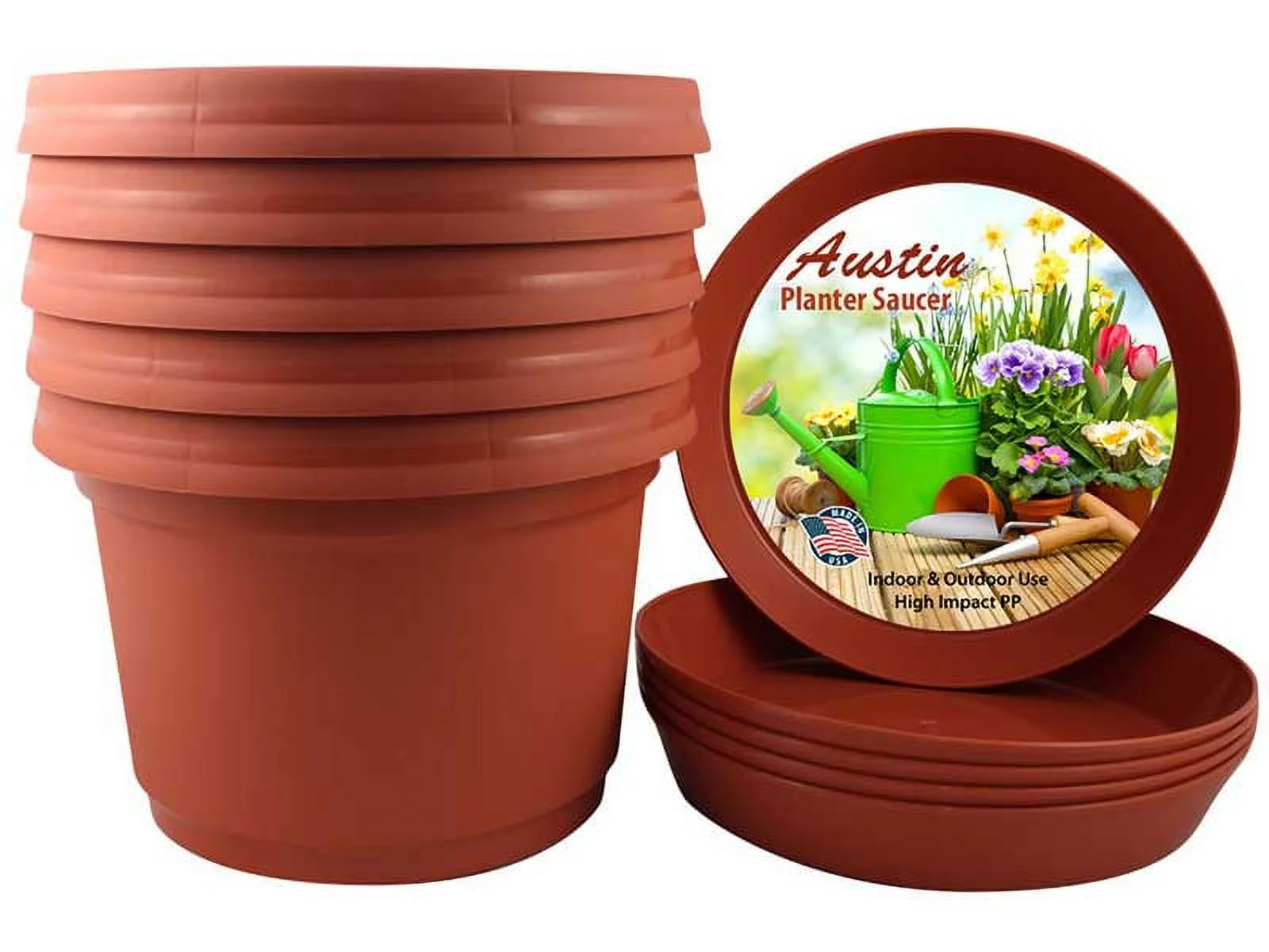 Case of 5 Austin Planter & Saucer 12 inch Terra Cotta, Plastic Flower Pot, seedlings Planter, Nursery Planter, Colorful Flower Planter, Seed Starting Pot with Saucers