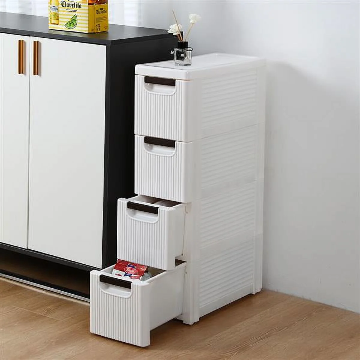 SYTHERS 4-Tier Rolling Storage Cart Slim Container Storage Cabinet for Kitchen, Bathroom, Laundry Room, Plastic and Stainless Steel, White