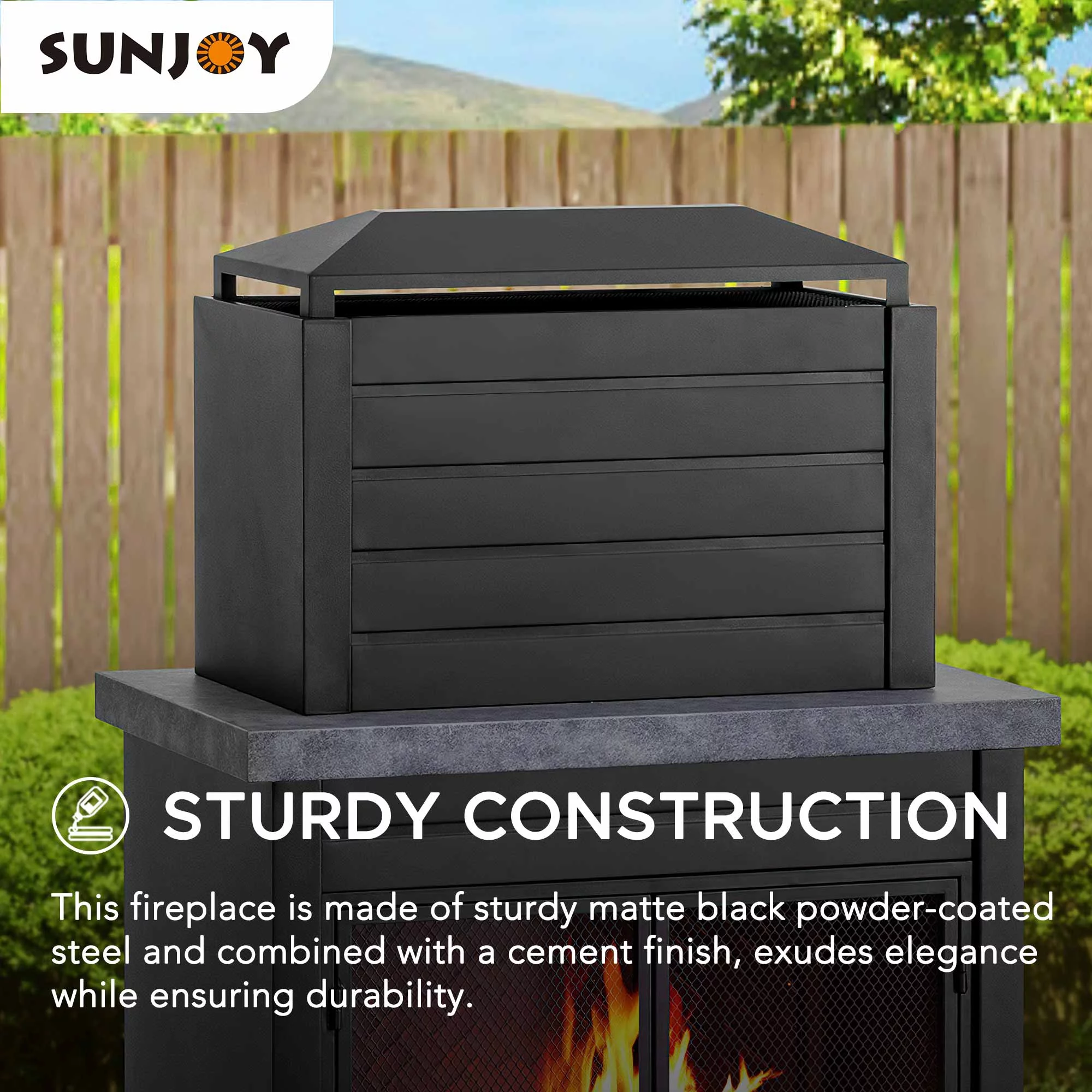 Sunjoy Wood Burning Fireplace – Matte Black Outdoor Steel Fireplace with Chimney, Log Holders, Fireplace Tool, and PVC Cover