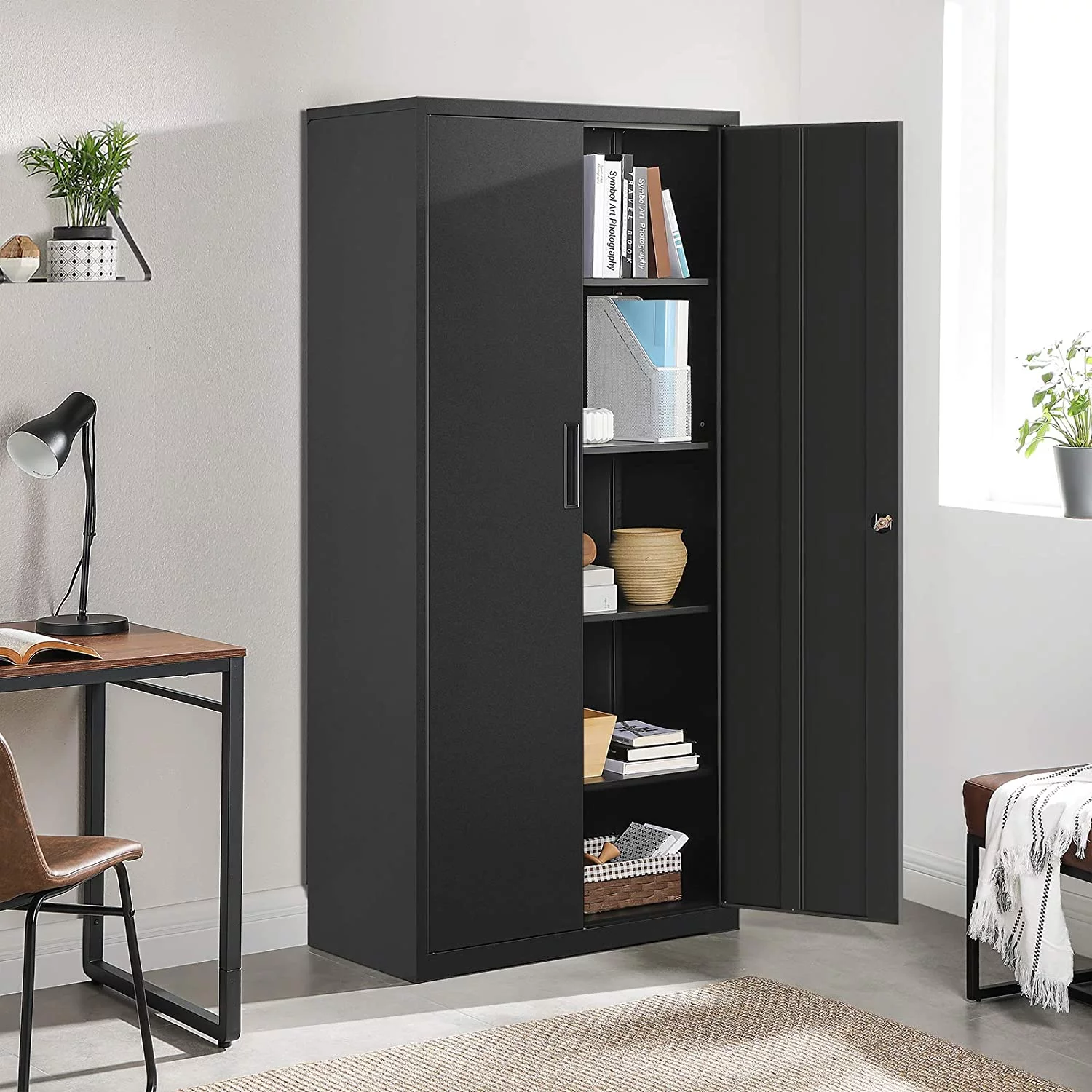 SONGMICS Garage Cabinet Metal Storage Cabinet with Doors and Shelves Office Cabinet for Home Office Garage Black