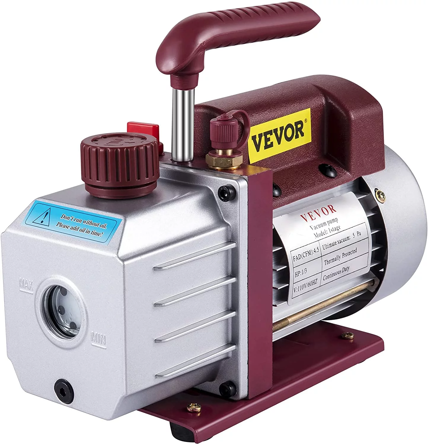 VEVOR Vacuum Pump 4.5CFM Vacuum Pump HVAC Single-Stage Rotary Vane Vacuum Pump 1/3HP 5PA Ultimate Air Conditioning Refrigerant Vacuum Pump