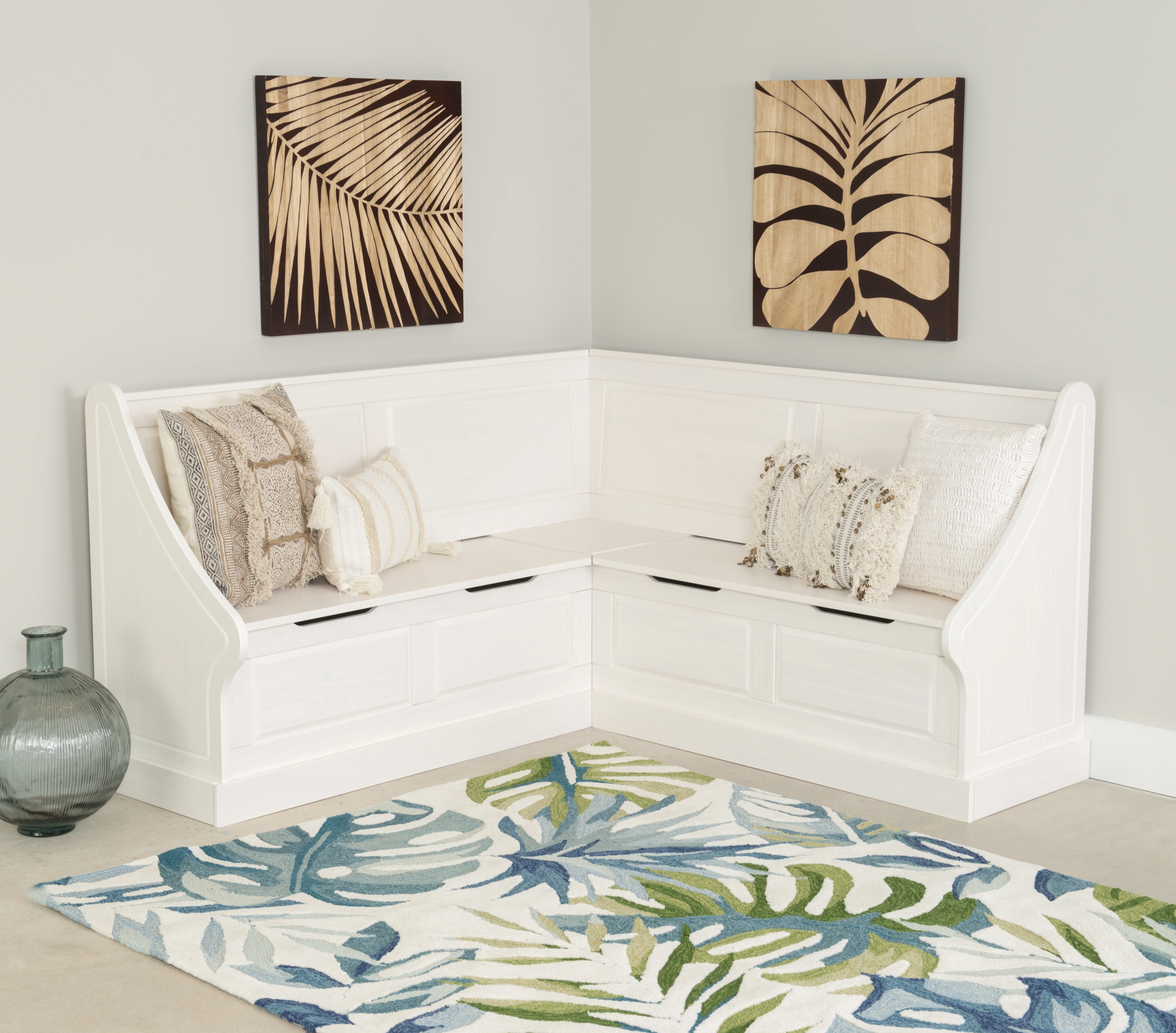 Linon Tobin Wood Corner Dining Breakfast Nook Bench with Storage, Seats 4, White Finish (Table sold separately)