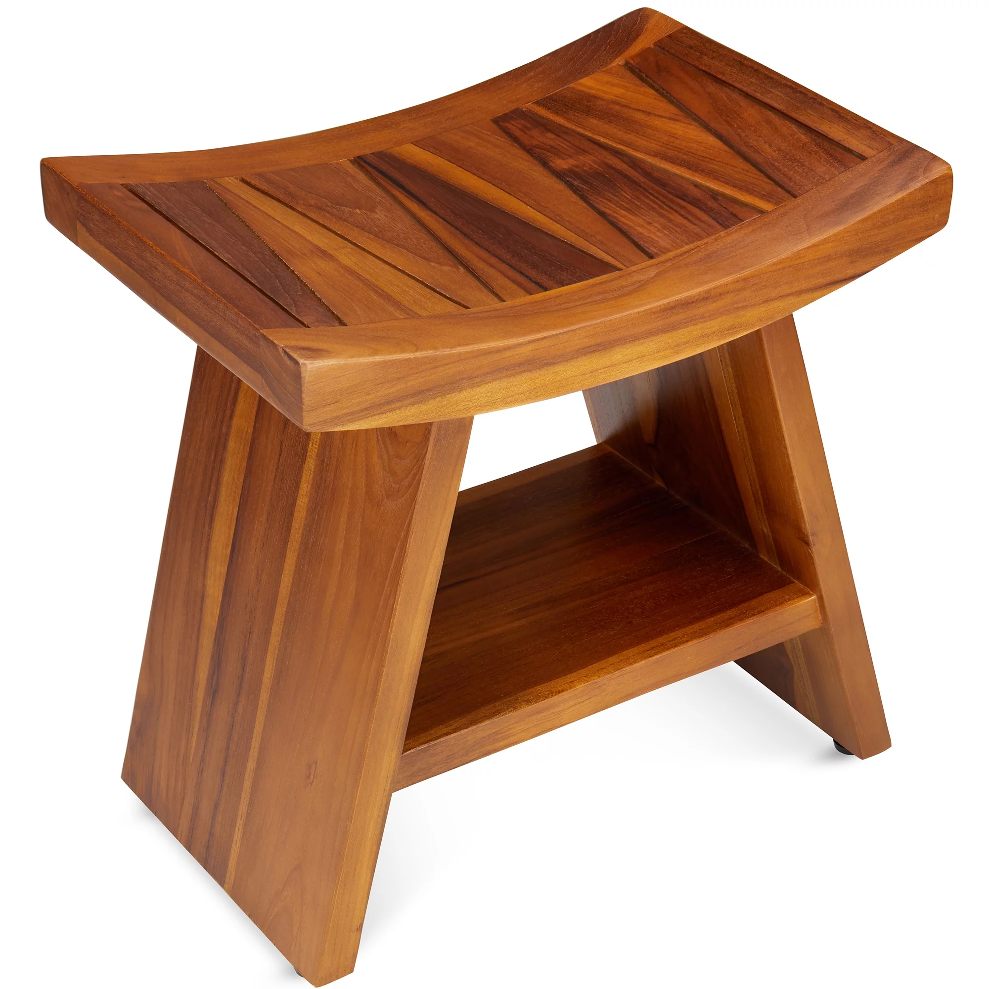TeakCraft Teak Shower Stool with Shelf  Water Resistant, Non-Slip Premium Indonesian Teak Wood Bath Seat Bench for Shower  Fully Assembled Wood Spa Bath Organizer Seat with Leveling Feet, The Randi