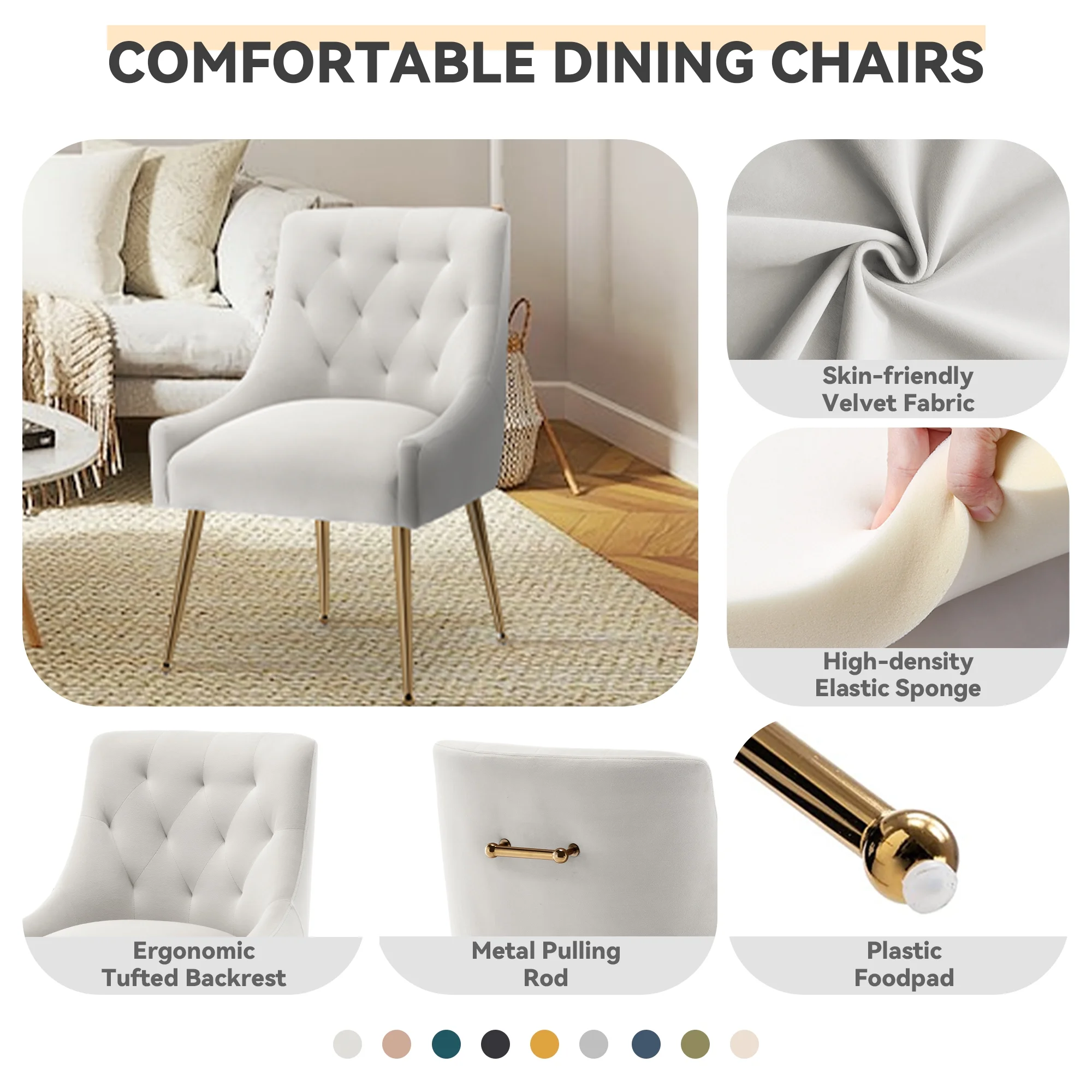 SEYNAR Elegant Velvet Dining Chairs Set of 2, Tufted Upholstered Accent Chair for Living Room(White)