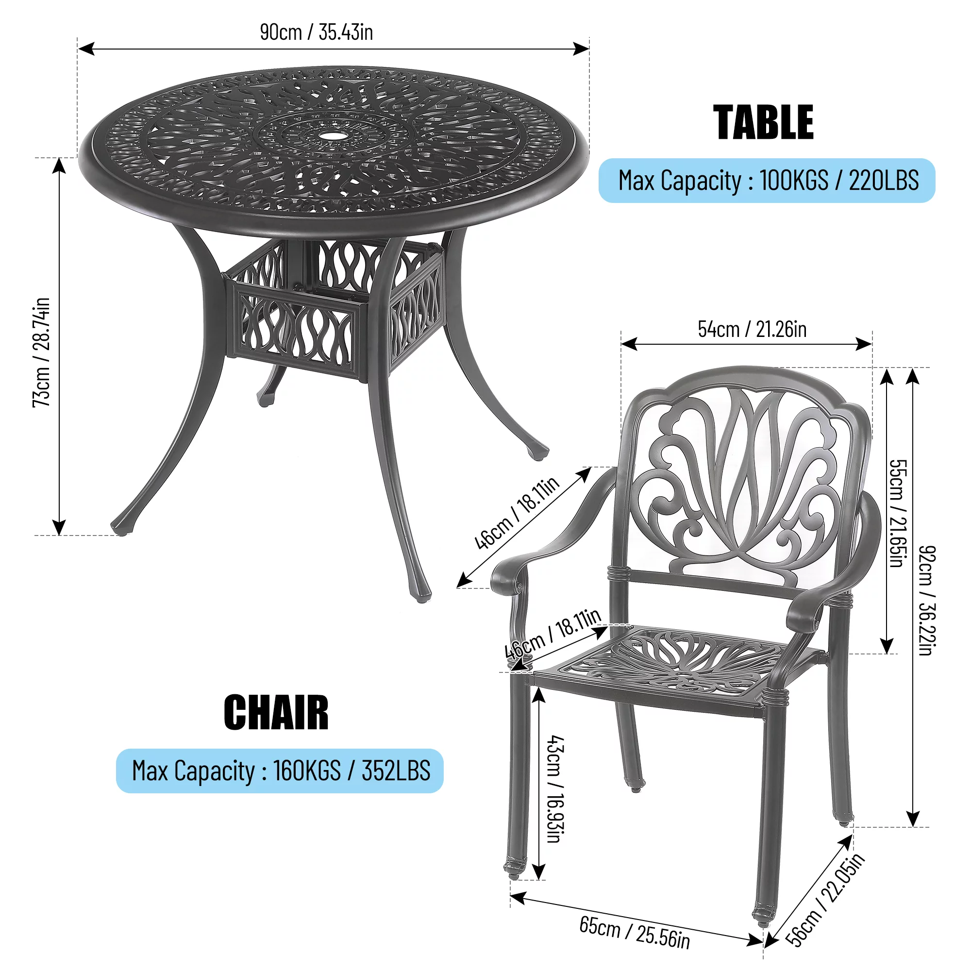 5Pcs Outdoor Furniture Dining Table Set All-Weather Cast Aluminum Patio Furniture Includes 1 Round Table and 4 Chairs with Umbrella Hole for Patio Garden Deck, Lattice Weave Design, Black Color
