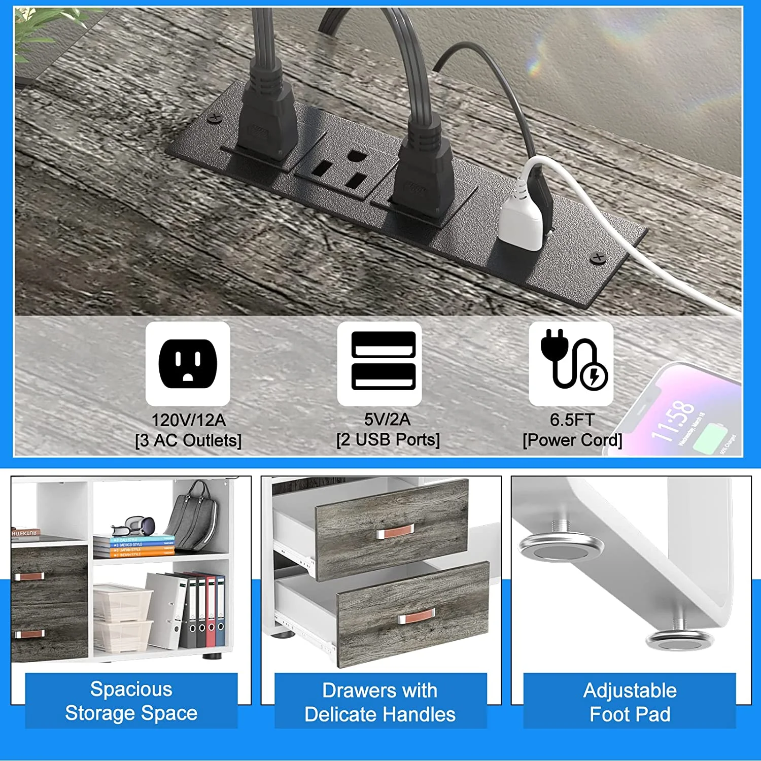 Homieasy L Shaped Desk with Power Outlet and LED Strip, 55 Inch Reversible Corner Computer Desks with Drawers and Storage Shelves, Large L-Shaped Gaming Desk with File Cabinet, Grey & White