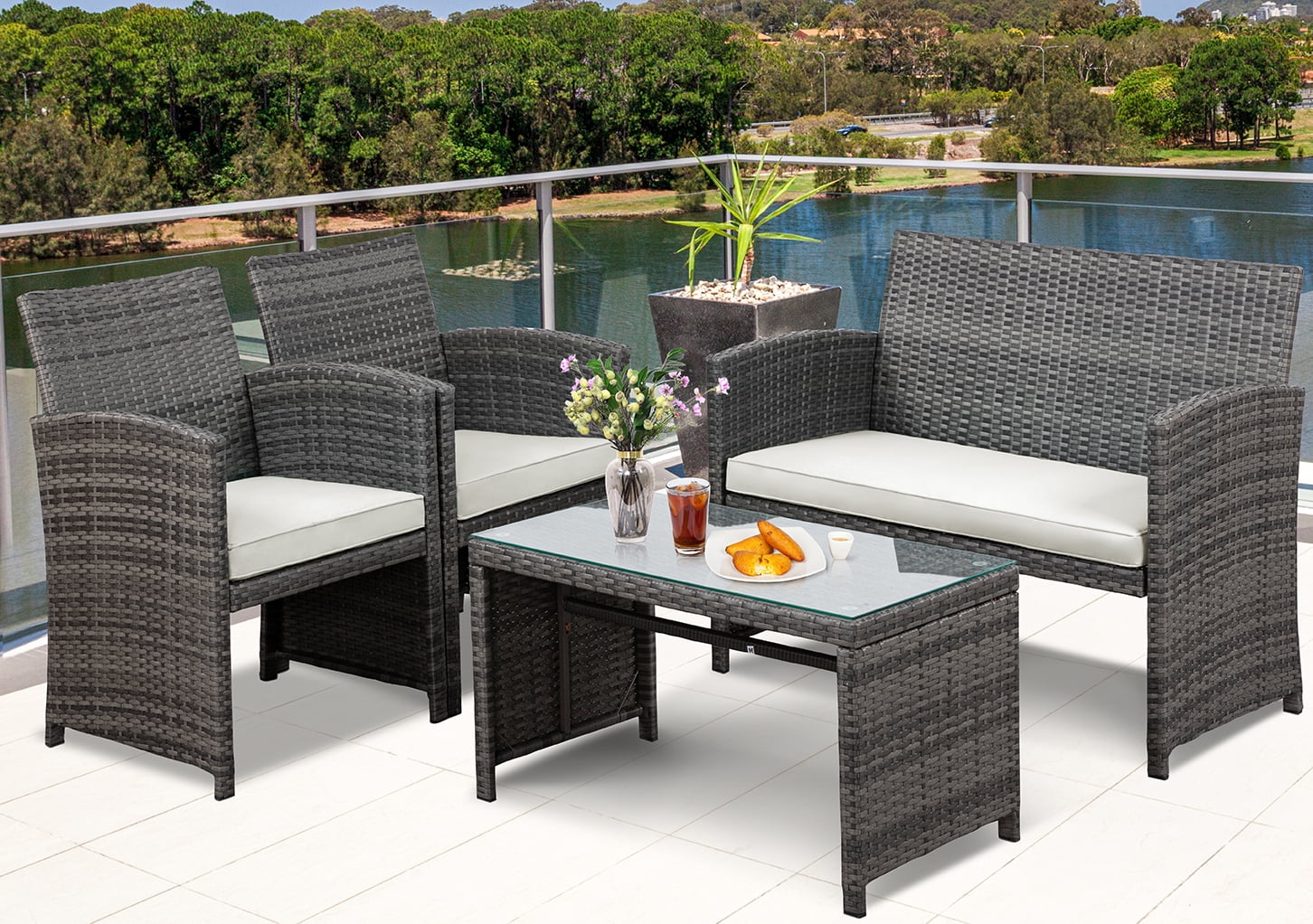 Walsunny 4 Piece Patio Ratten Set Outdoor Furniture Set Wicker Conversation Set with Cushions and Tempered Glass Tabletop