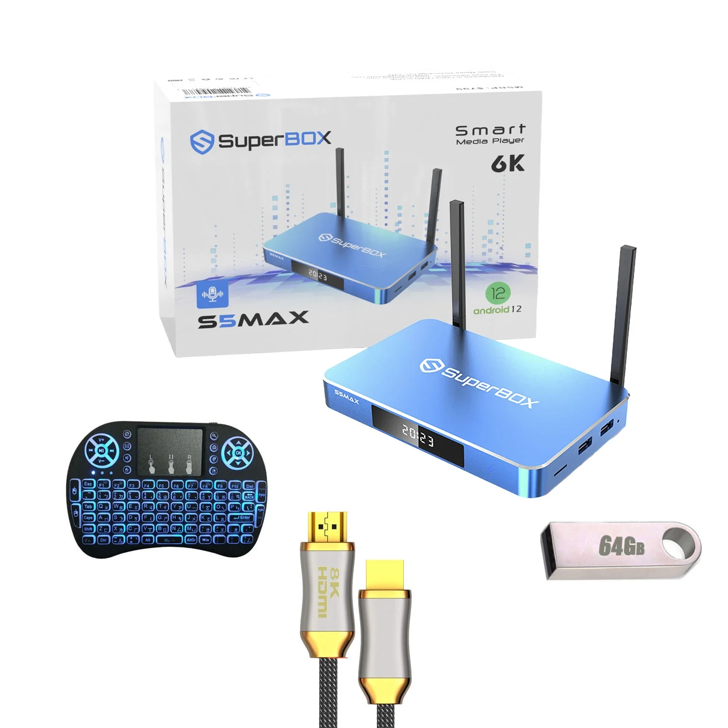 SuperBox S5 MAX 5th Gen 4g ram 64g ram mini computer with Bluetooth Voice Command backlit remote  8K HD cable 64g usb flash drive remote holder