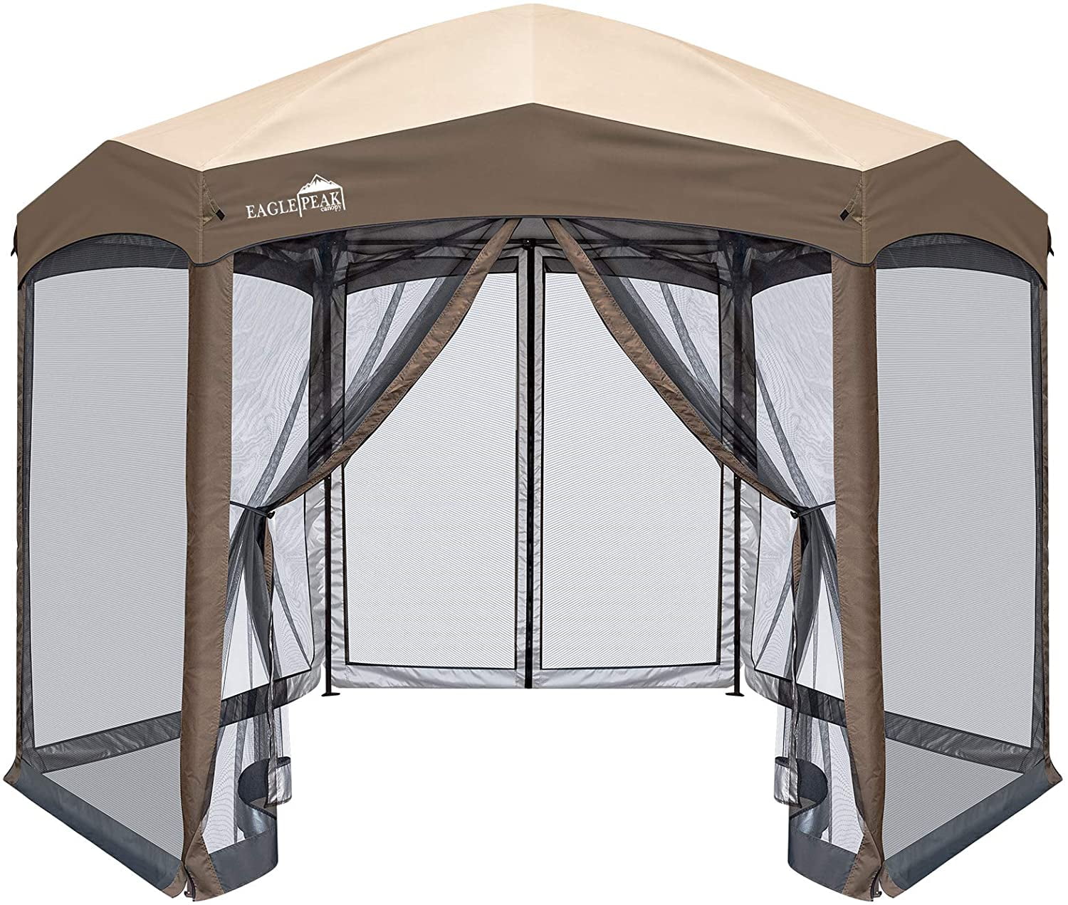 EAGLE PEAK Pop-Up Camping 6 Sided (6x6x6) Gazebo w/ Mosquito Netting Easy Center Push Canopy Shelter Instant Setup Outdoor Screen Tent (Brown)