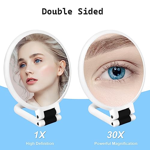 30x Magnifying Mirror, Travel Hand Mirrors with Handle - Double Side Handheld Mirror with 1X 30X Magnification & Adjustable Handle/Stand, Hand Held Foldable Travel Mirror for Makeup(Black)