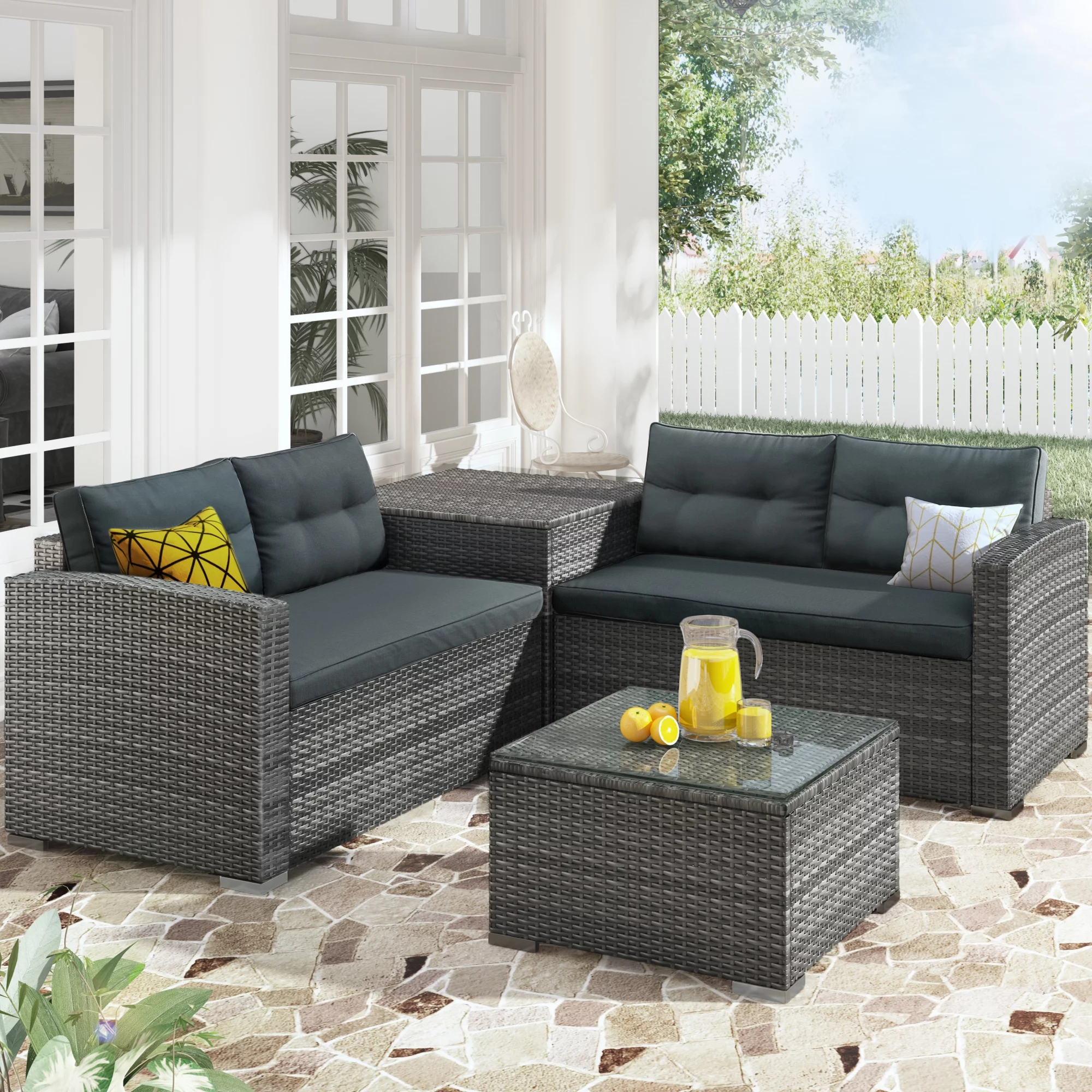 4 Pieces Patio Furniture Set Patio Wicker Sofa Rattan Set Outdoor Sectional Sofa Couch Patio Furniture Conversation Set and Love Seat with Cushions and Coffee Table Storage Box Gray