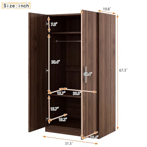 Merax Wooden Armoire with Big Drawer, Hanging Rail and 5 Shelves Accent 2 Doors Wardrobe Closet Organizer，Tall Clothes Storage Cabinet for Bedroom & Living Room, Easy Assembly, White