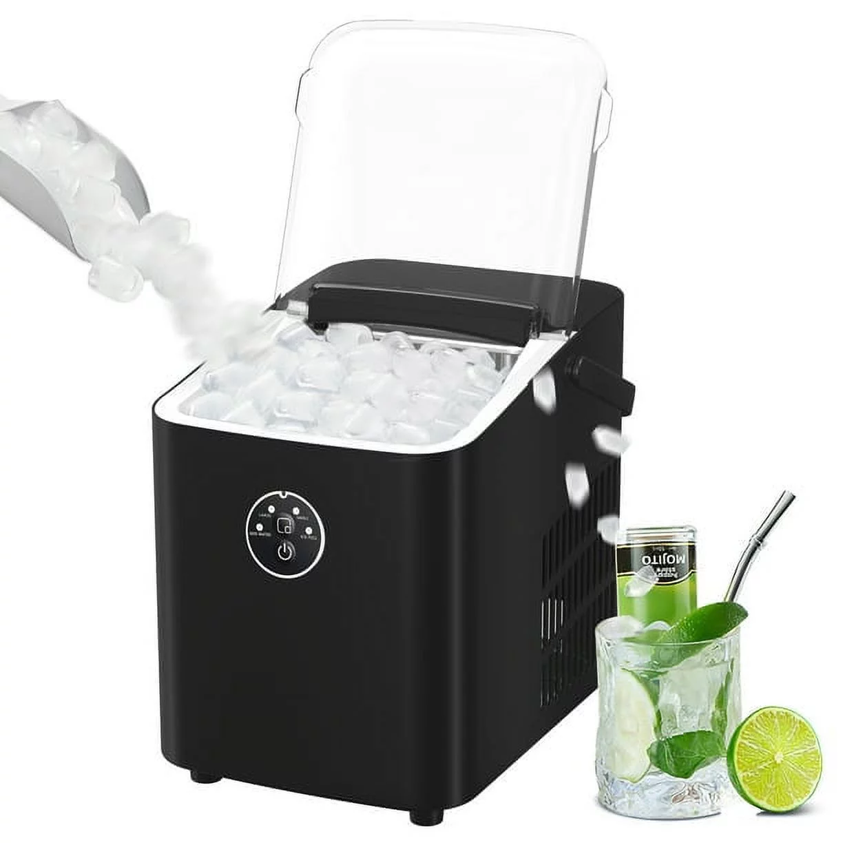 Auseo Portable Ice Maker Machine, Ice Maker Countertop with Handle, 26lbs/24H, Bullet Ice, 2 Sizes S/L, 8 Pcs/9 Mins, Self-Cleaning, Ice Scoop,Basket for Home/Kitchen/Office/Party,Black