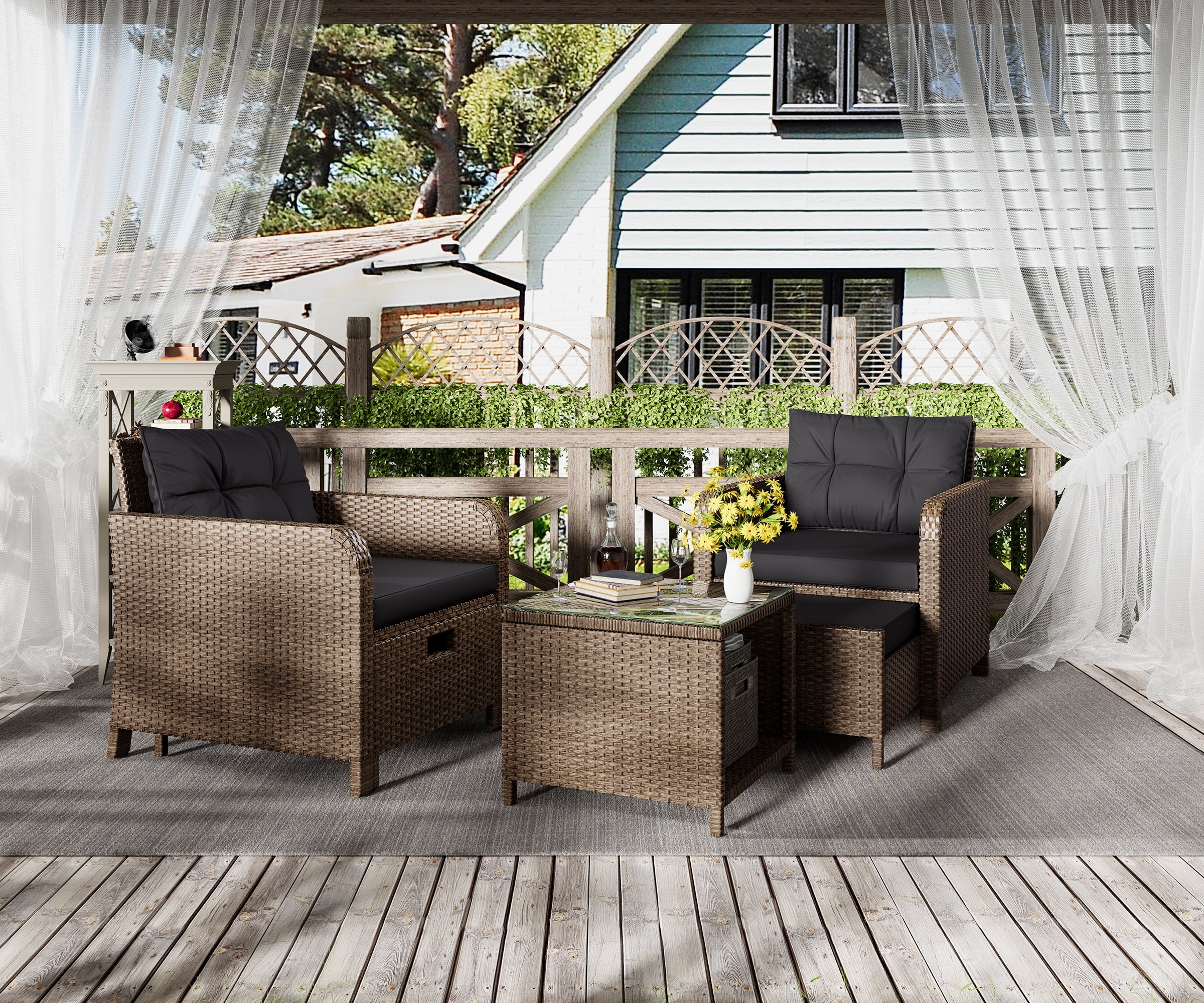 LHBcraft Balcony Furniture 5 Piece Patio Conversation Set, PE Wicker Rattan Outdoor Lounge Chairs with Soft Cushions 2 Ottoman&Glass Table for Porch, Lawn-Yellow Wicker