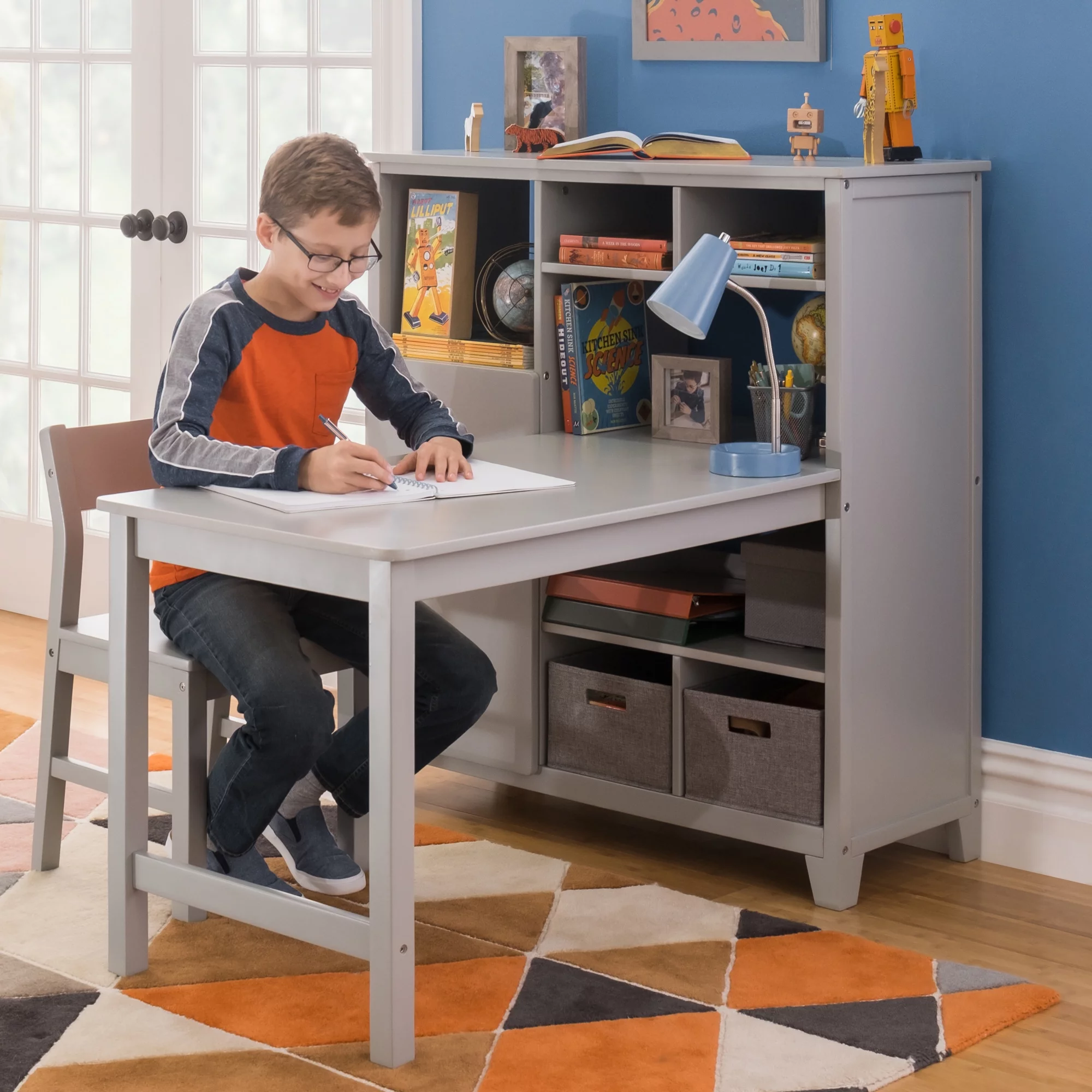 Martha Stewart Living and Learning Kids' Media System with Desk Extension and Chair (Gray) – Wooden Cubby Storage Organizer and Computer Study Table for Home School