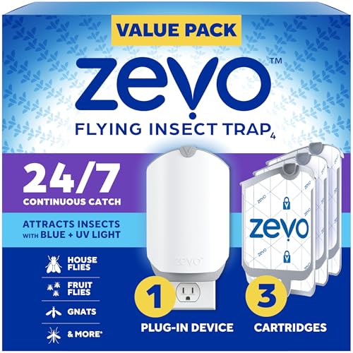 Zevo Flying Insect Trap & Cartridge - Plug in Fly Trap & Indoor Bug Catcher for Gnats, House & Fruit Flies - Mess-Free - Use in Any Room - Uses Blue & UV Light (1 Plug in Device & 1 Cartridge)