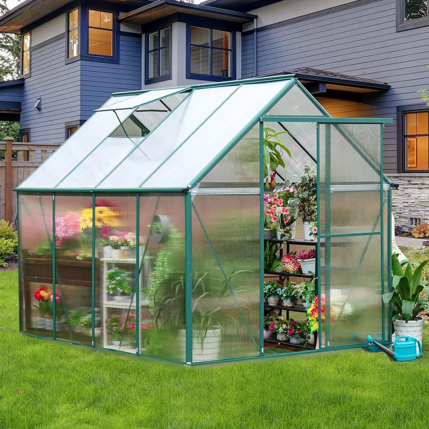 Outdoor Greenhouse Kit, Seizeen Polycarbonate Walk in Green house w/Aluminum Farm, Heavy Duty Garden Greenhouse with Window & Sliding Door, 8x6FT Large Size