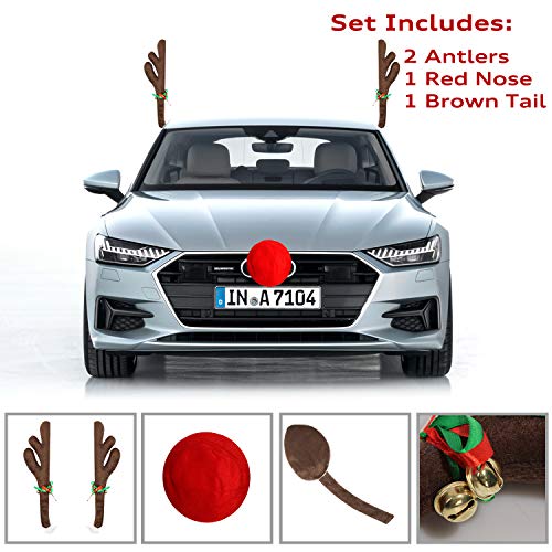 Premium Reindeer Car Kit Antlers, Nose, Tail- Rudolph Set Reindeer Christmas Decoration Car Costume Auto Accessories