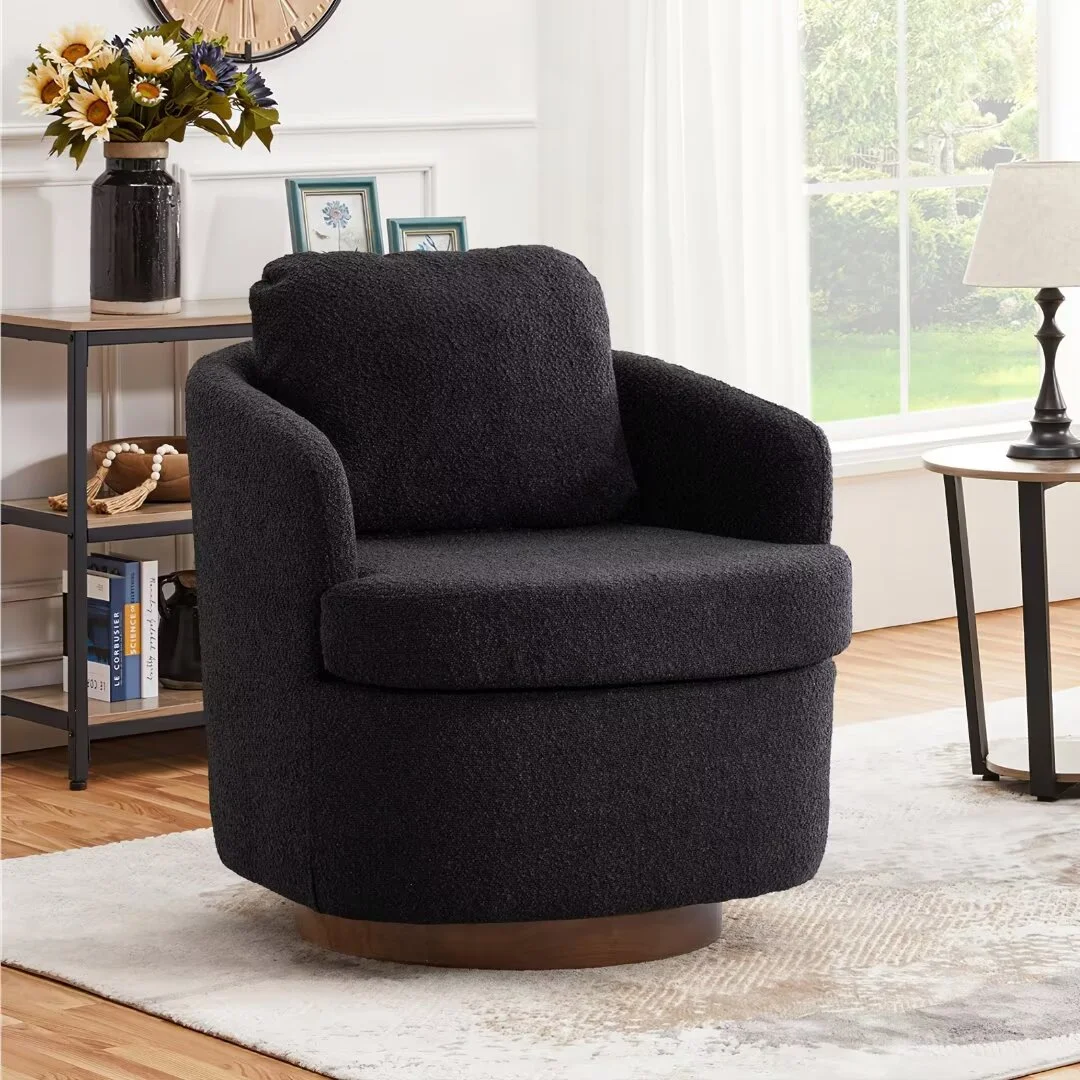 Lecut Swivel Accent Chair for Living Room, Oversized 360° Swivel Barrel Modern Chair Comfy Sherpa Boucle Upholstered Armchair with Soild Wood Round Brown Base for Bedroom, Black