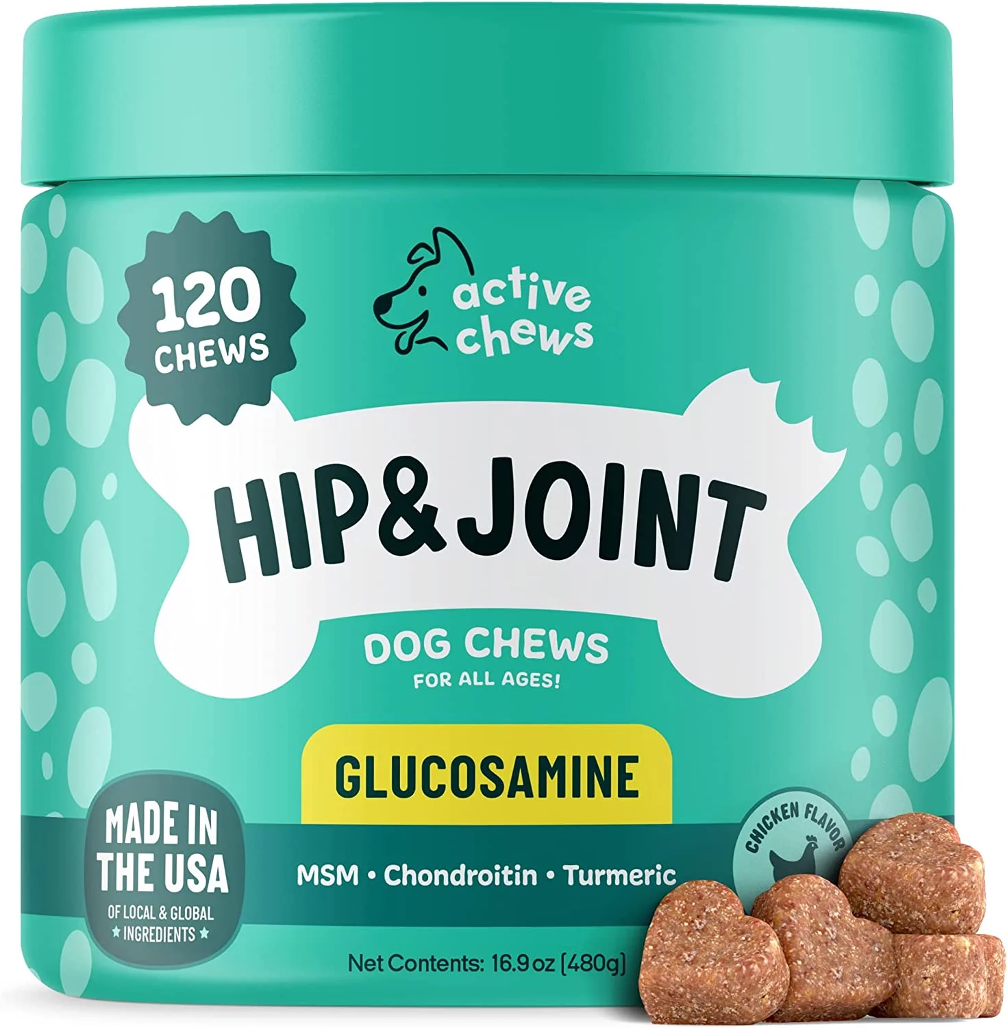 Active Chews Glucosamine for Breed Dogs Hip and Joint Supplement with Chondroitin, Turmeric, and MSM, 120 Count