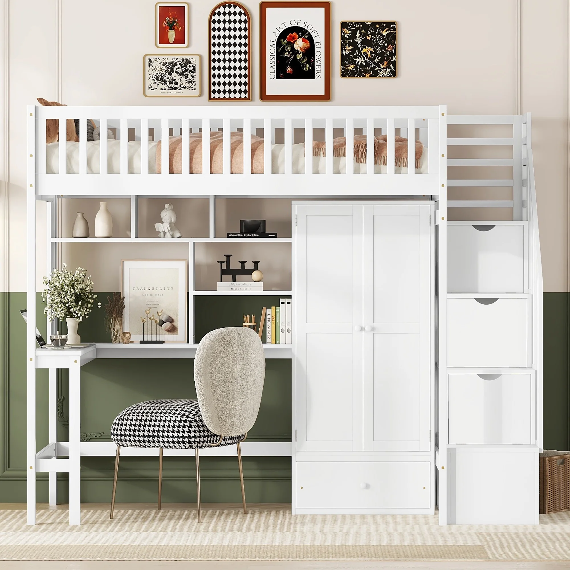Bellemave Twin Size Loft Bed with Stairs and Wardrobe, Wood Loft Beds Frame with Desk and Storage Drawers, Stairway Loft Bed for Kids, Teens & Adults（White）
