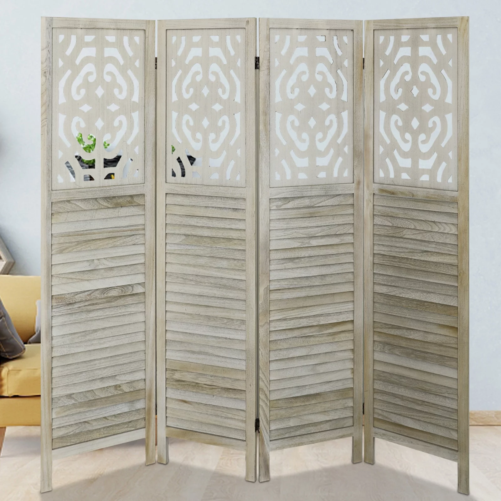 Fionafurn 4 Panels Wood Carved Room Divider - Folding Privacy Screen, Offwhite, #B1