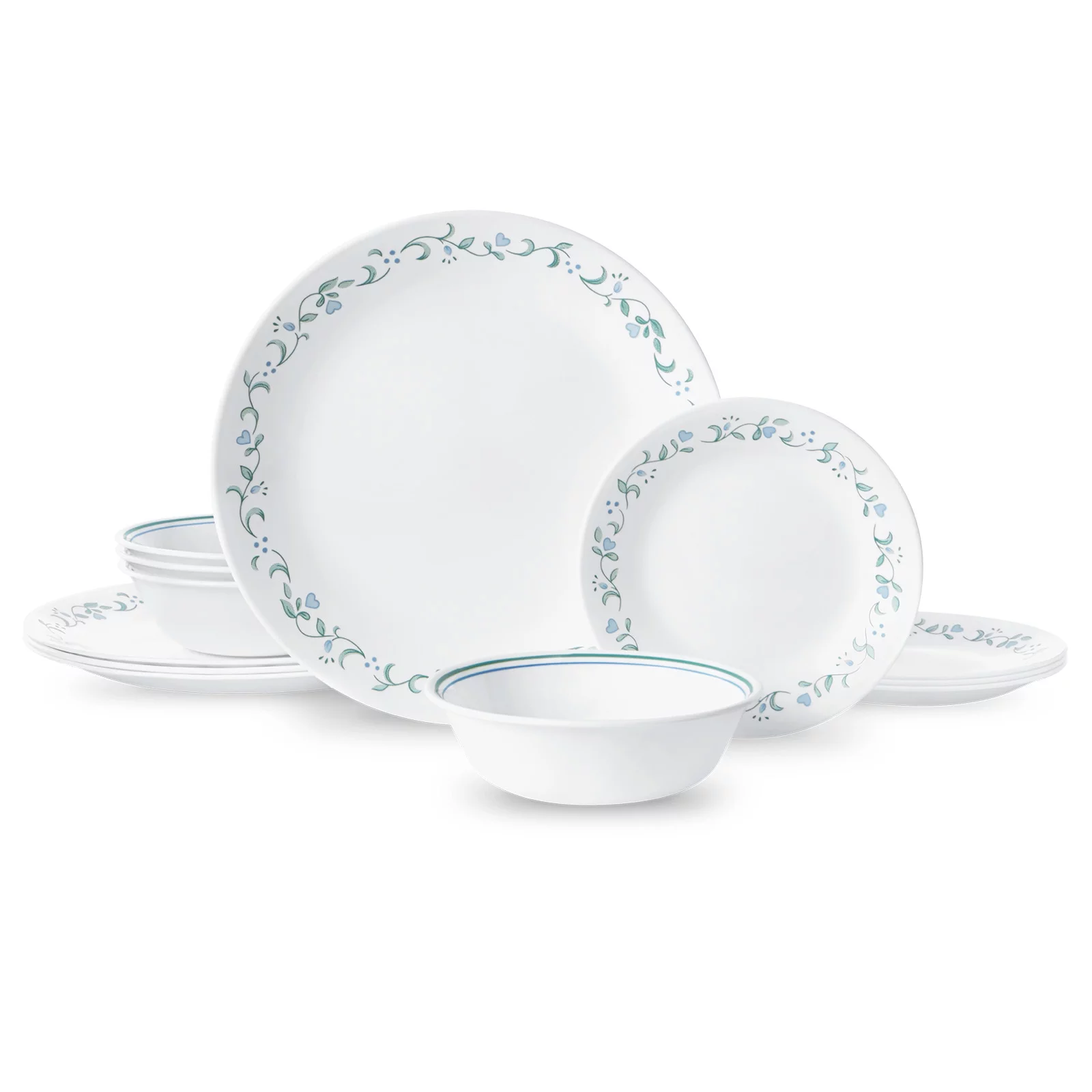 Corelle Country Cottage, White and Green Round 12-Piece Dinnerware Set