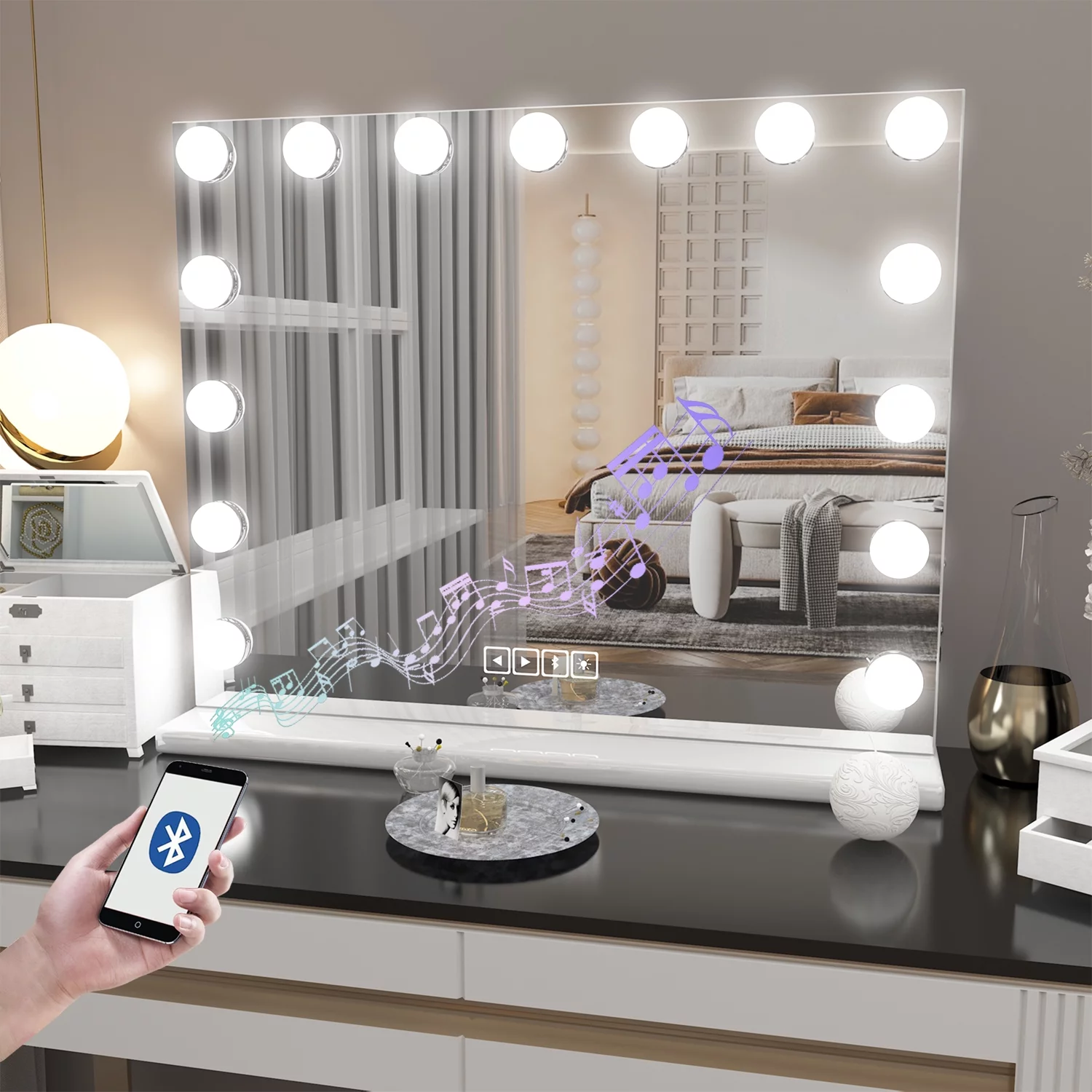 CONGUILIAO Vanity Mirror with Lights Bluetooth Hollywood Makeup Mirror, Large Vanity Lighted Mirror, Hollywood Mirror with 3 Color Modes