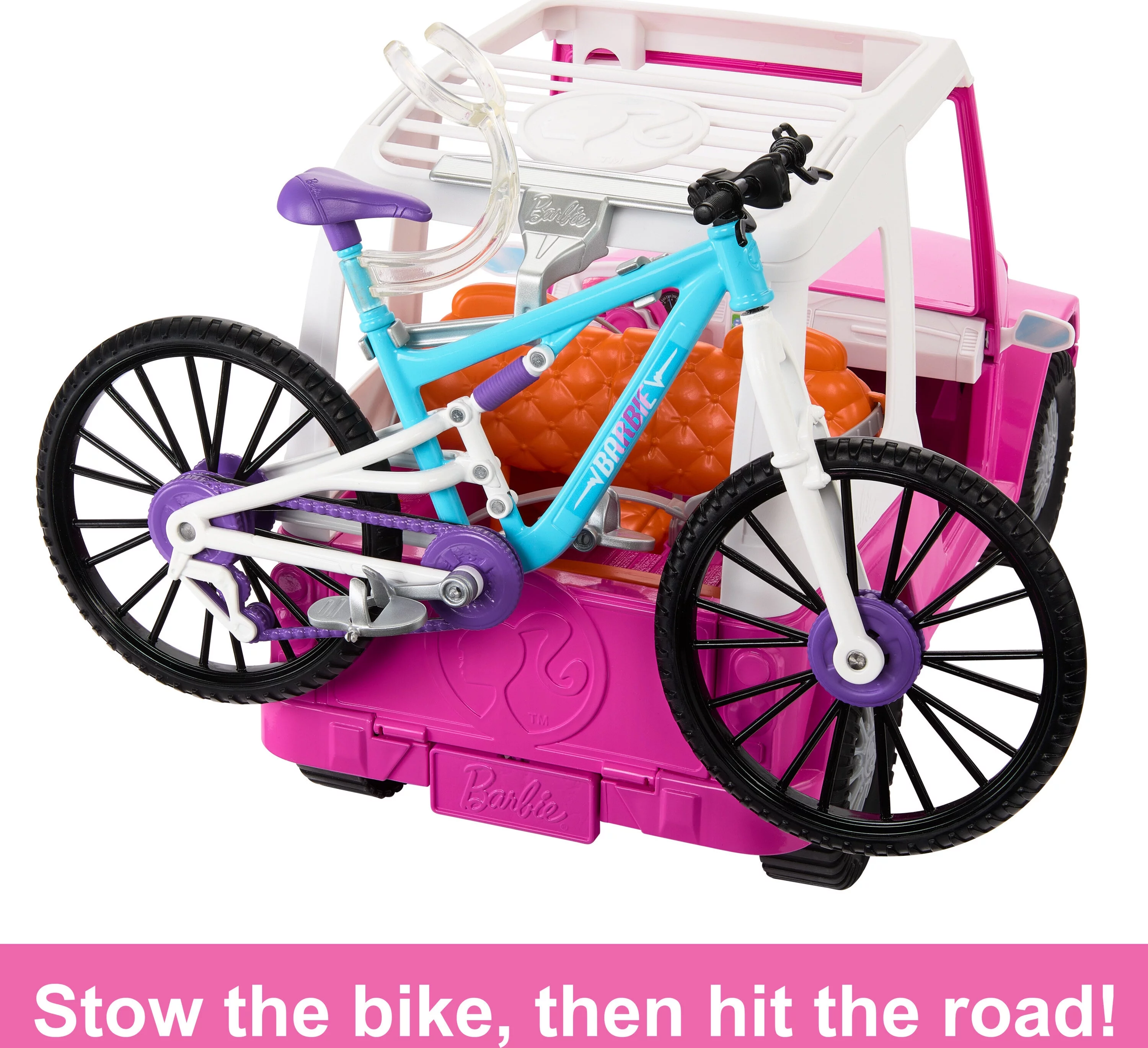 Barbie Doll, Mountain Bike, Barbie Car Bundle with Pink Jeep, Bike Rack and Helmet